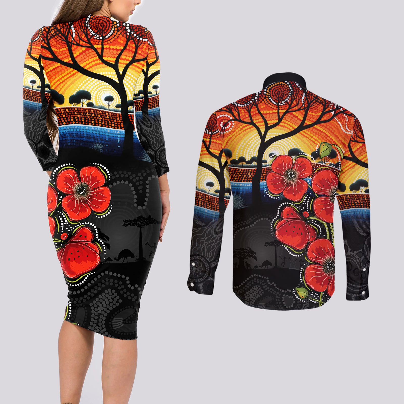 ANZAC Day Australia Poppy Flower Couples Matching Long Sleeve Bodycon Dress and Long Sleeve Button Shirt Aboriginal Style