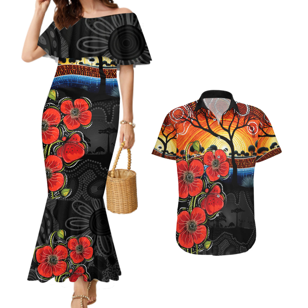 ANZAC Day Australia Poppy Flower Couples Matching Mermaid Dress and Hawaiian Shirt Aboriginal Style
