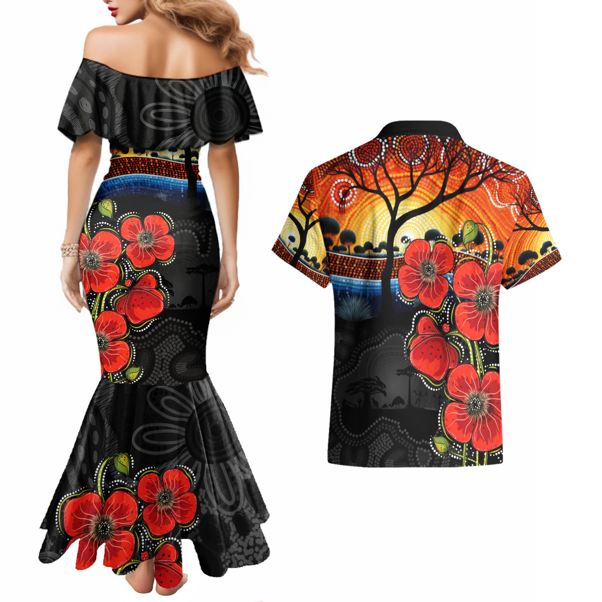 ANZAC Day Australia Poppy Flower Couples Matching Mermaid Dress and Hawaiian Shirt Aboriginal Style