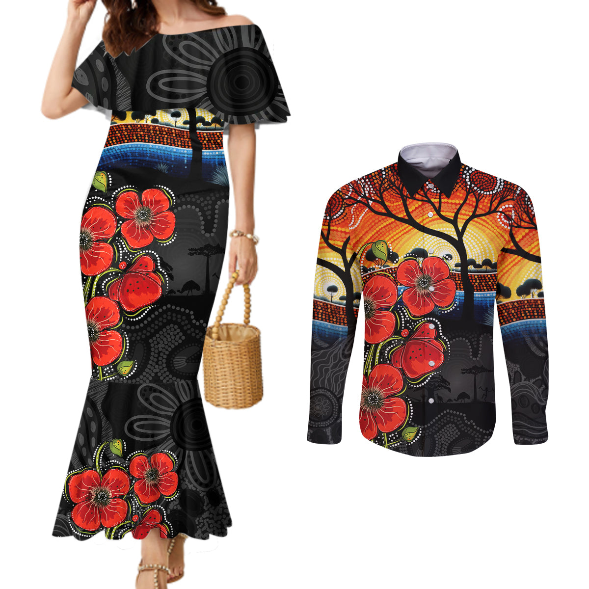 ANZAC Day Australia Poppy Flower Couples Matching Mermaid Dress and Long Sleeve Button Shirt Aboriginal Style