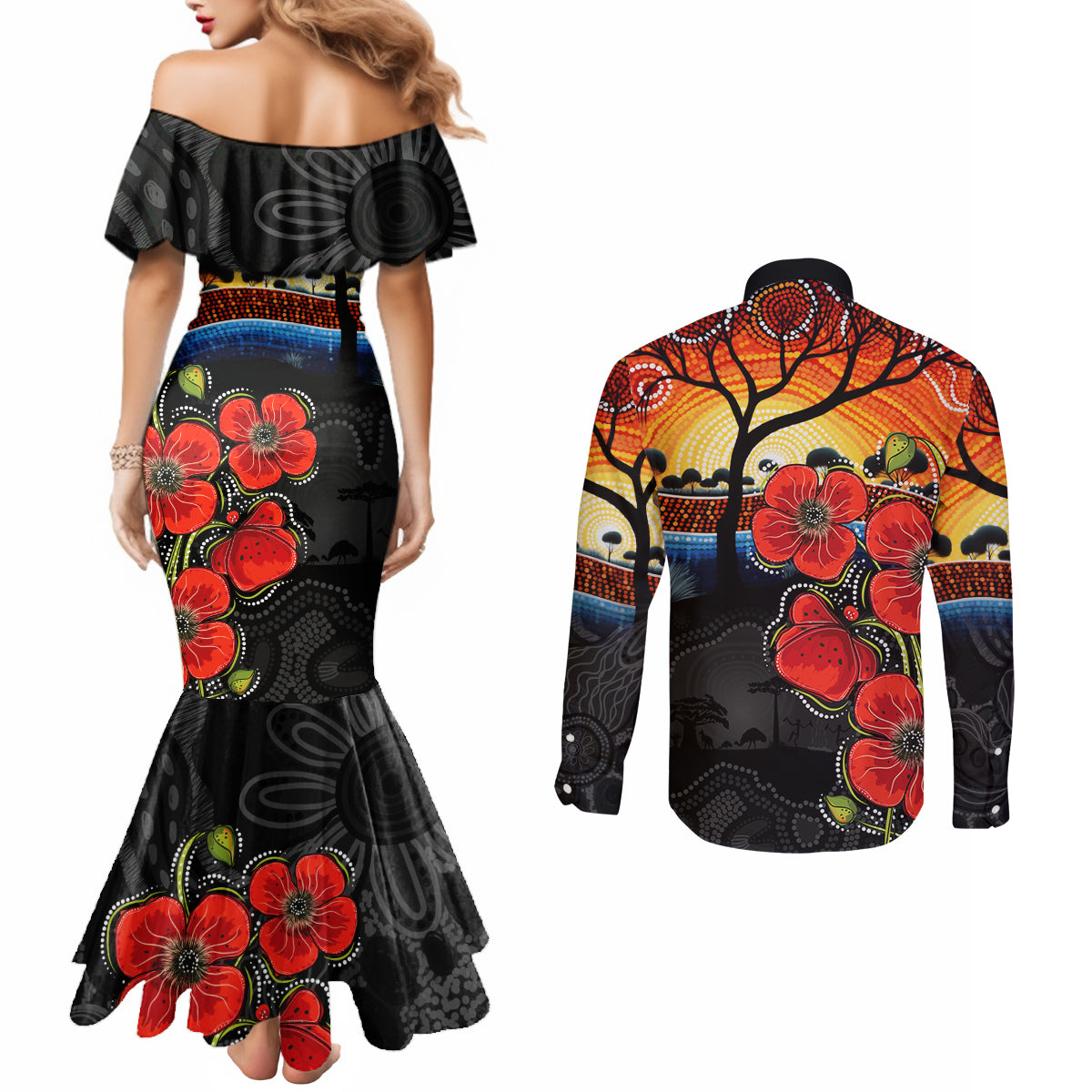 ANZAC Day Australia Poppy Flower Couples Matching Mermaid Dress and Long Sleeve Button Shirt Aboriginal Style