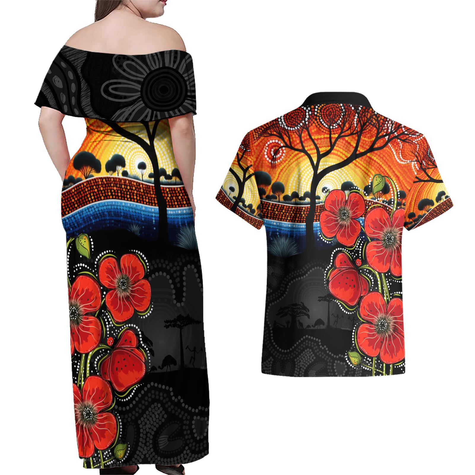 ANZAC Day Australia Poppy Flower Couples Matching Off Shoulder Maxi Dress and Hawaiian Shirt Aboriginal Style