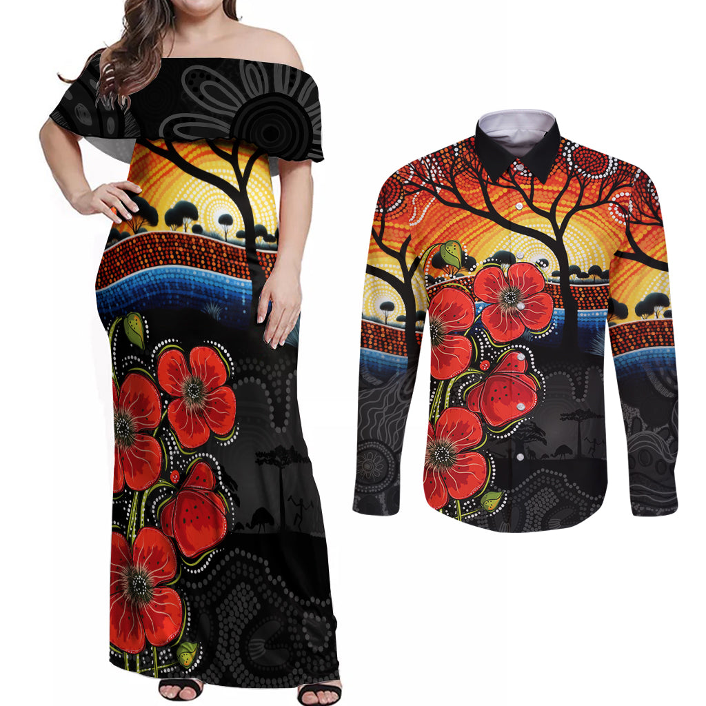 ANZAC Day Australia Poppy Flower Couples Matching Off Shoulder Maxi Dress and Long Sleeve Button Shirt Aboriginal Style