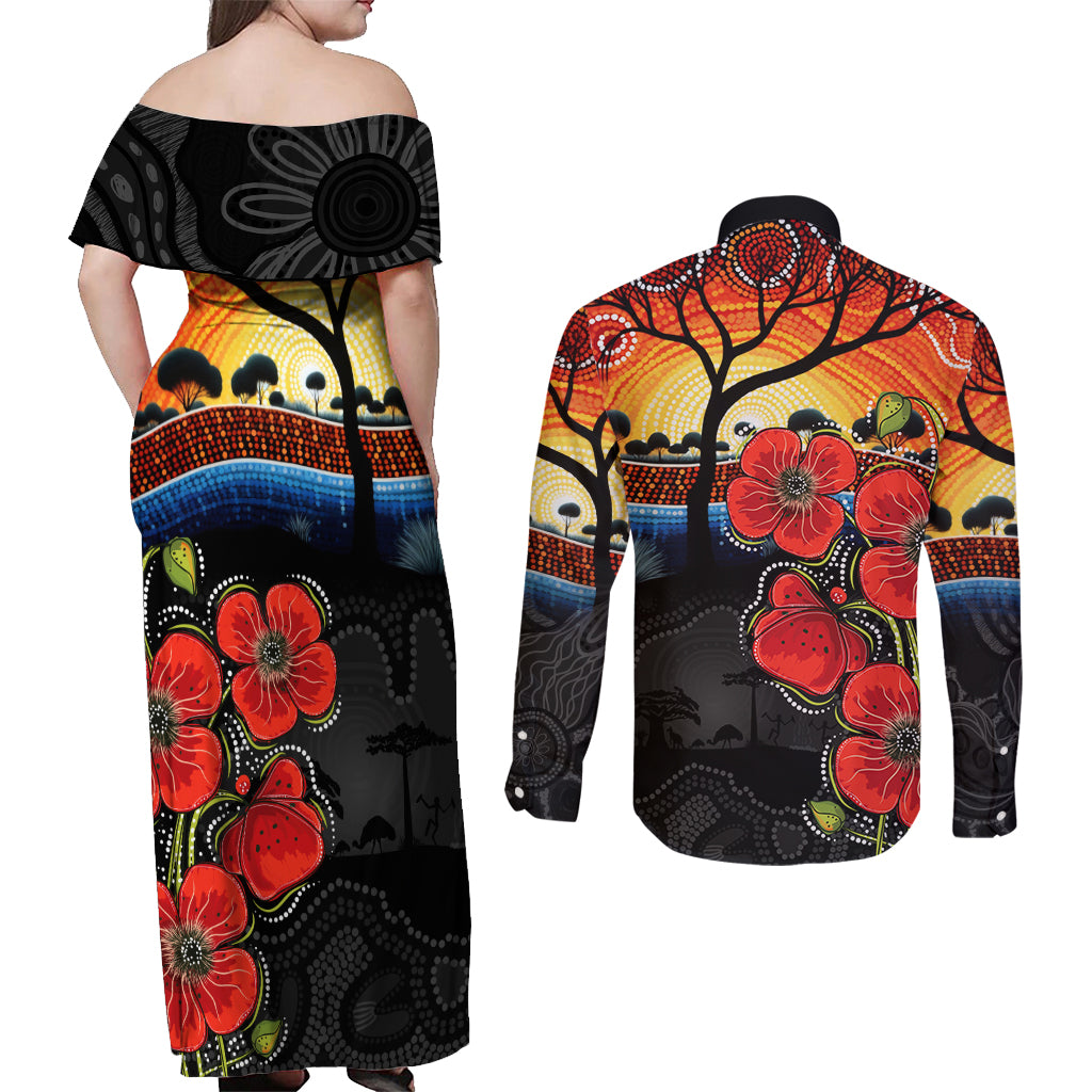 ANZAC Day Australia Poppy Flower Couples Matching Off Shoulder Maxi Dress and Long Sleeve Button Shirt Aboriginal Style