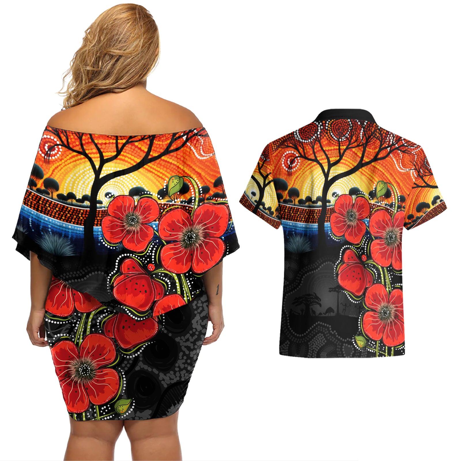 ANZAC Day Australia Poppy Flower Couples Matching Off Shoulder Short Dress and Hawaiian Shirt Aboriginal Style