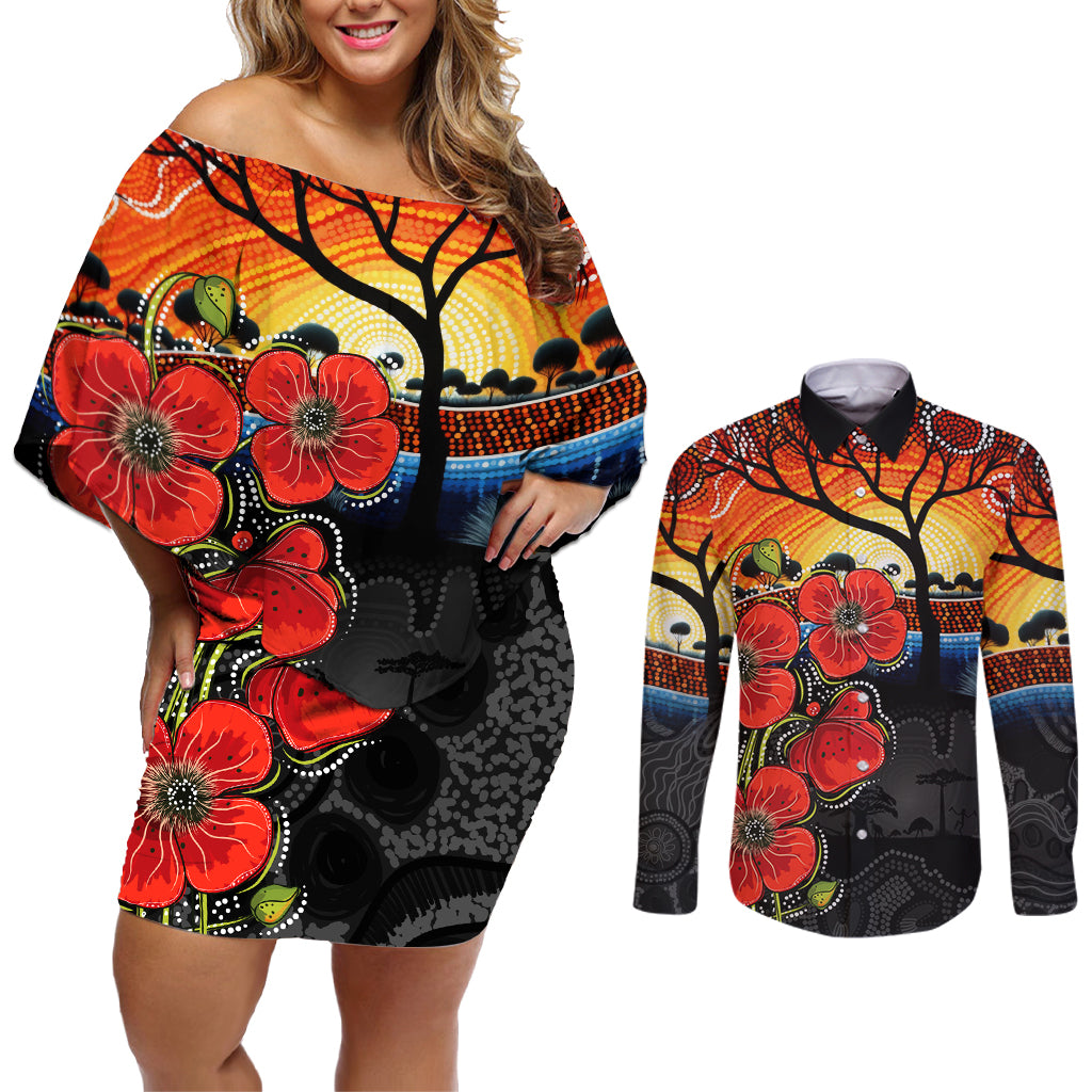 ANZAC Day Australia Poppy Flower Couples Matching Off Shoulder Short Dress and Long Sleeve Button Shirt Aboriginal Style