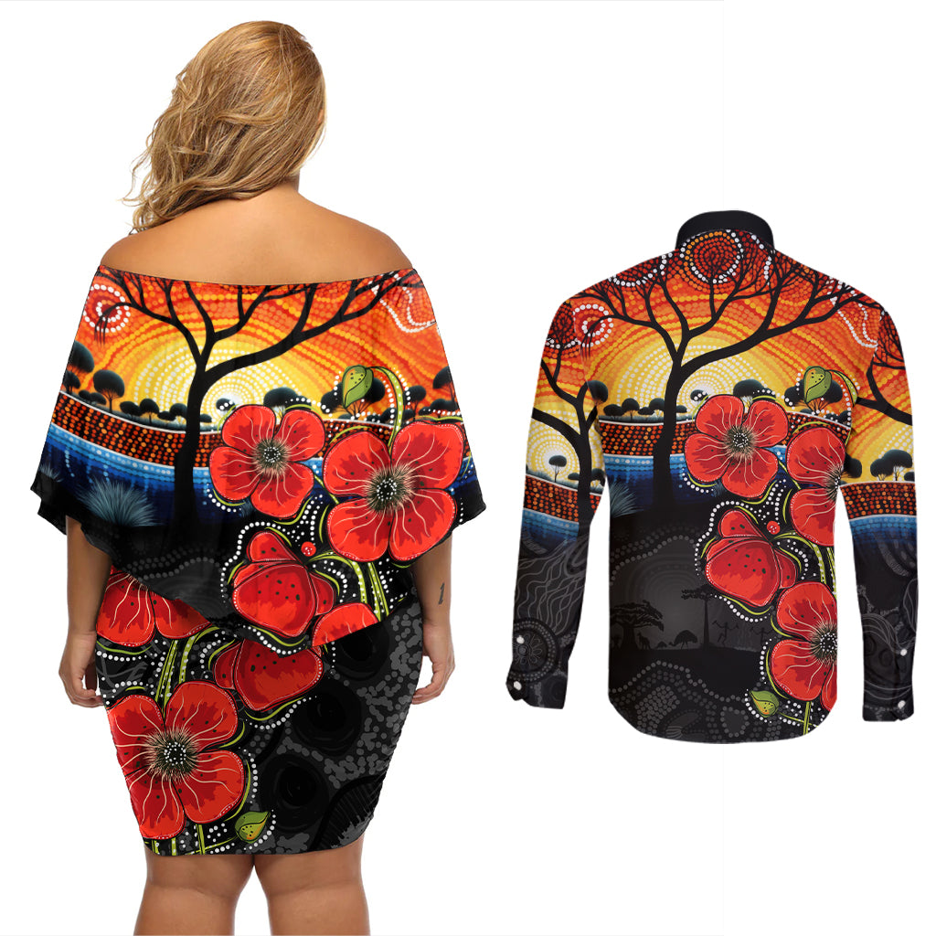 ANZAC Day Australia Poppy Flower Couples Matching Off Shoulder Short Dress and Long Sleeve Button Shirt Aboriginal Style