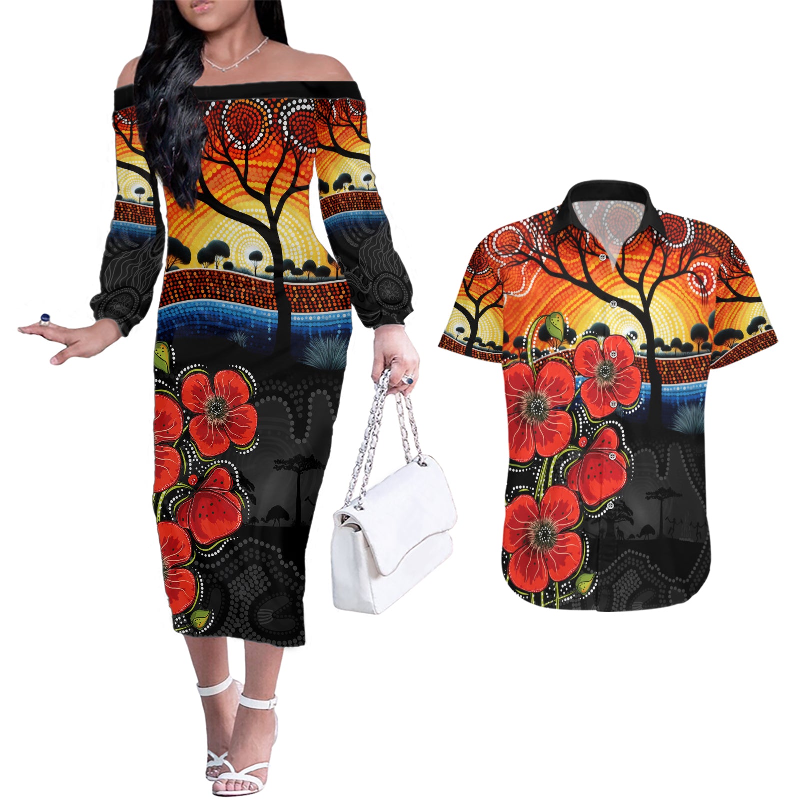 ANZAC Day Australia Poppy Flower Couples Matching Off The Shoulder Long Sleeve Dress and Hawaiian Shirt Aboriginal Style