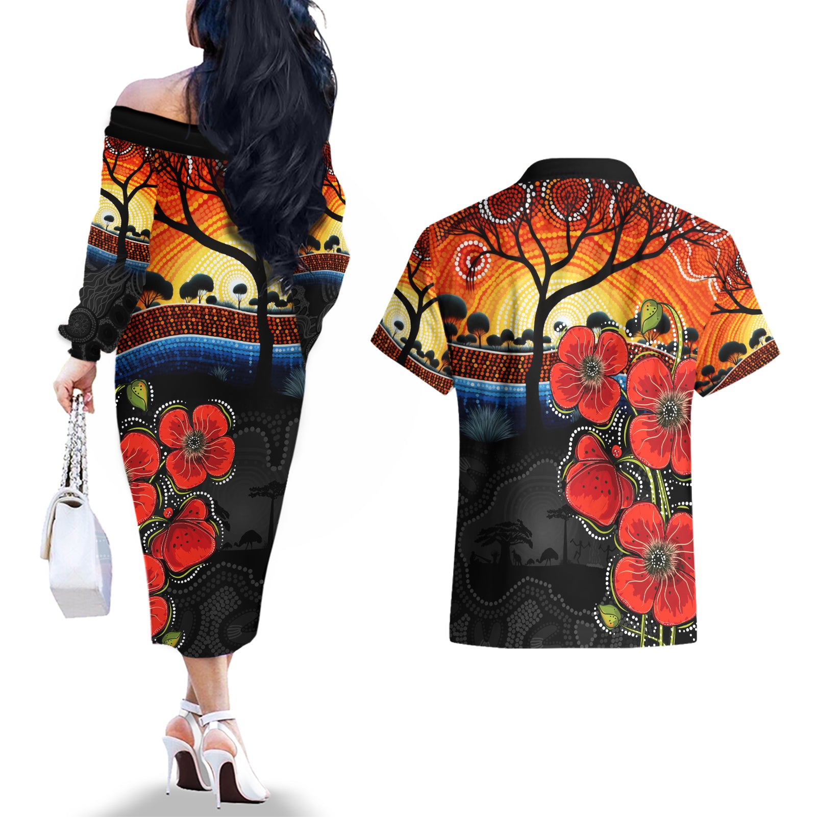 ANZAC Day Australia Poppy Flower Couples Matching Off The Shoulder Long Sleeve Dress and Hawaiian Shirt Aboriginal Style