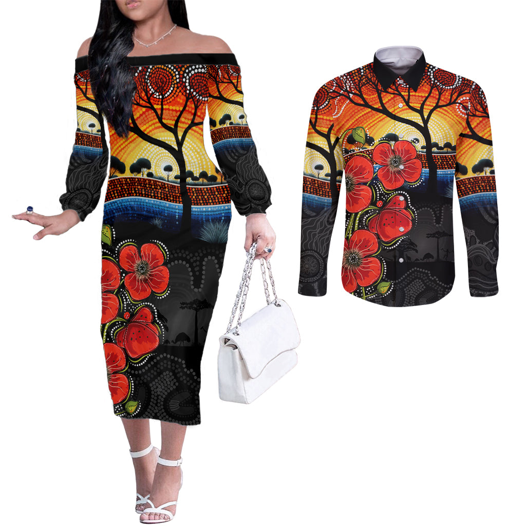 ANZAC Day Australia Poppy Flower Couples Matching Off The Shoulder Long Sleeve Dress and Long Sleeve Button Shirt Aboriginal Style