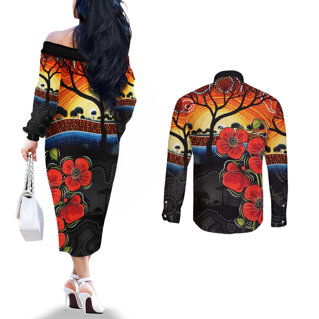 ANZAC Day Australia Poppy Flower Couples Matching Off The Shoulder Long Sleeve Dress and Long Sleeve Button Shirt Aboriginal Style