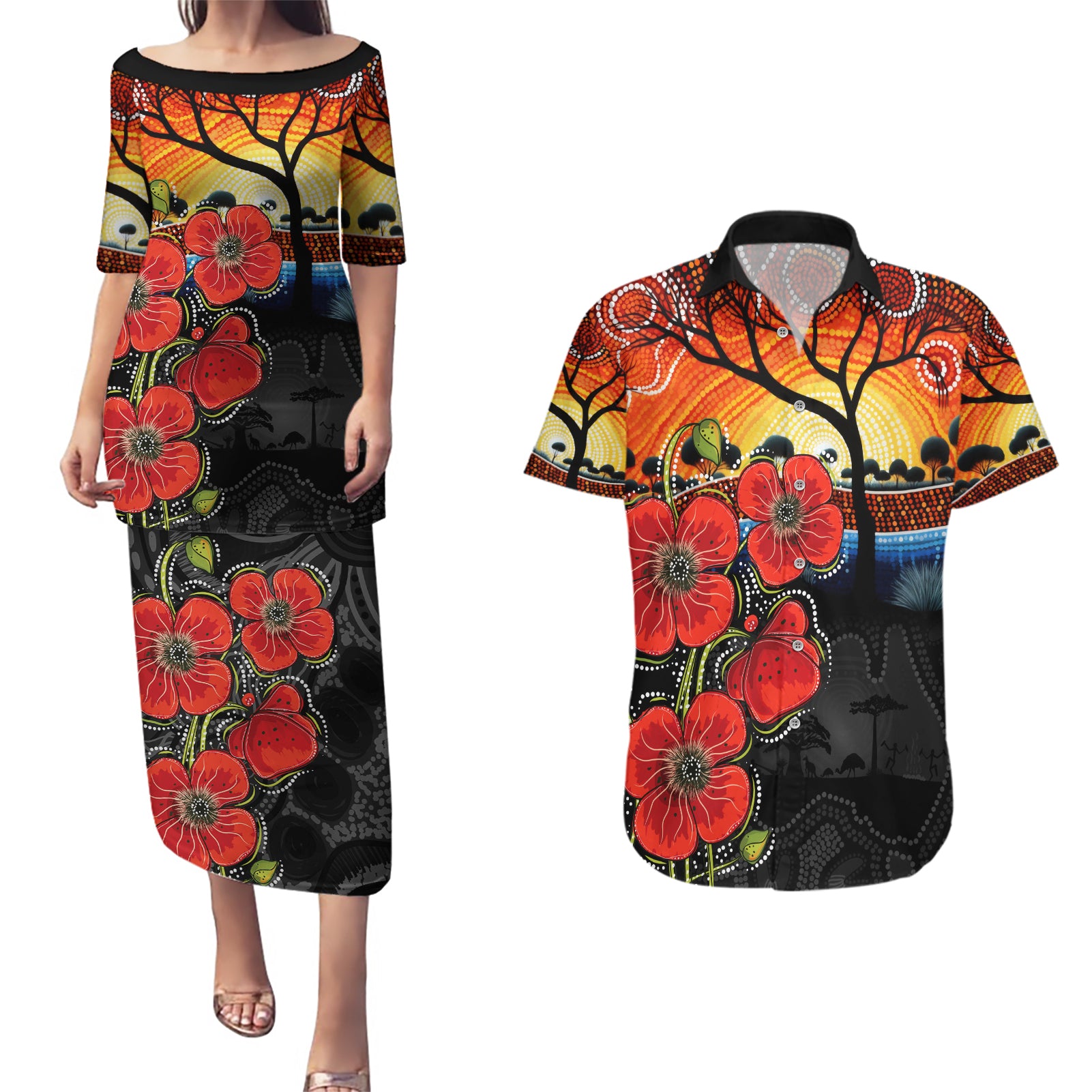 ANZAC Day Australia Poppy Flower Couples Matching Puletasi and Hawaiian Shirt Aboriginal Style