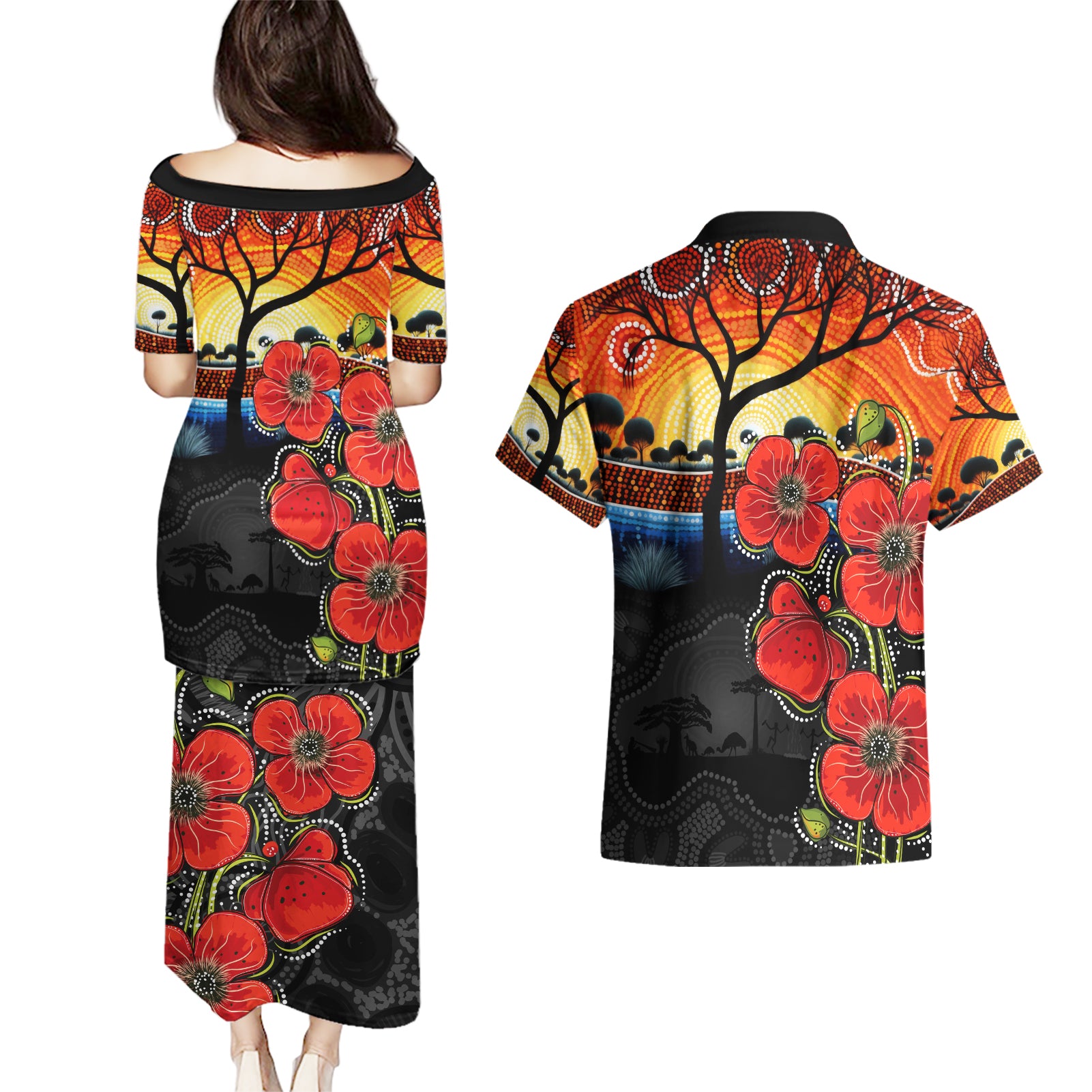 ANZAC Day Australia Poppy Flower Couples Matching Puletasi and Hawaiian Shirt Aboriginal Style