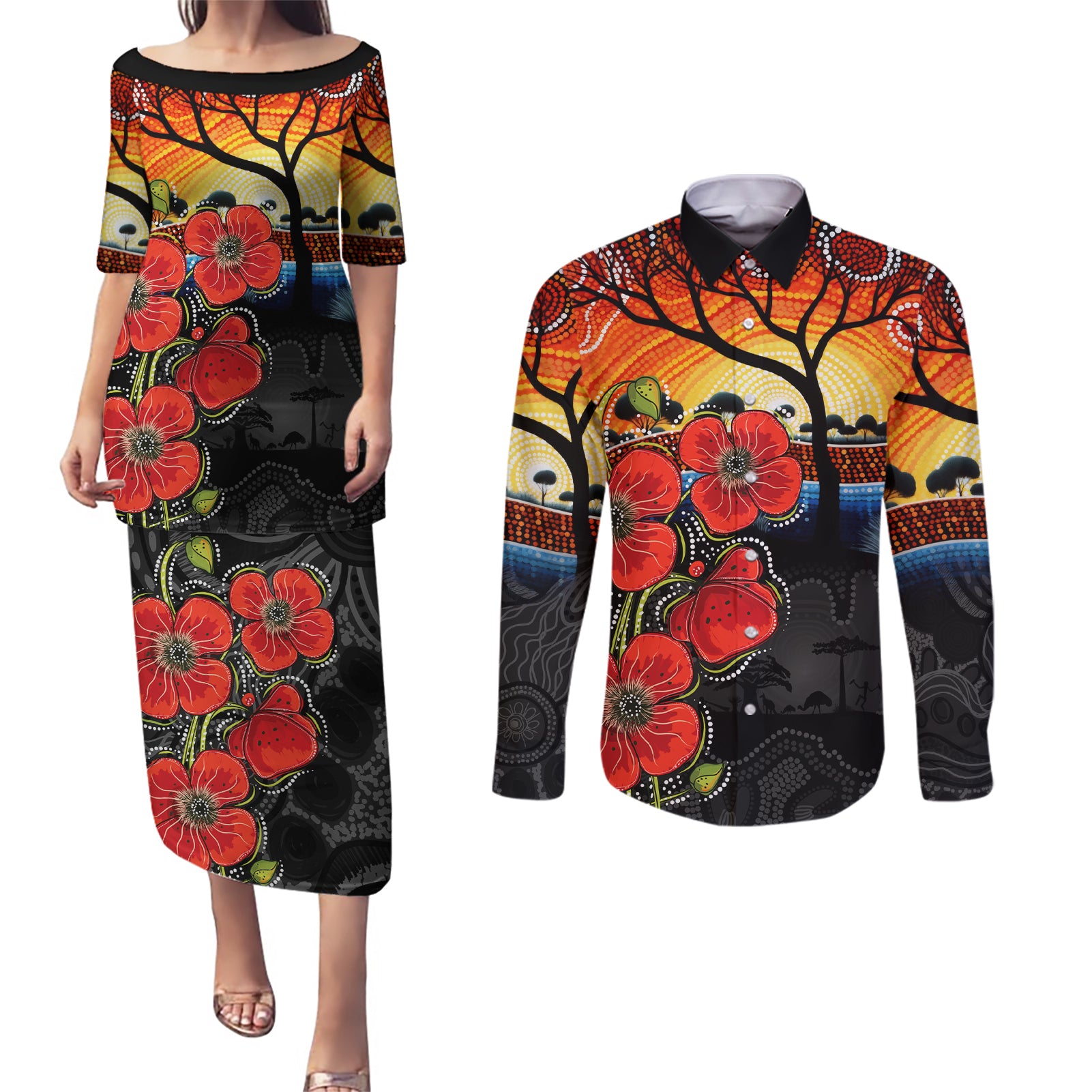 ANZAC Day Australia Poppy Flower Couples Matching Puletasi and Long Sleeve Button Shirt Aboriginal Style