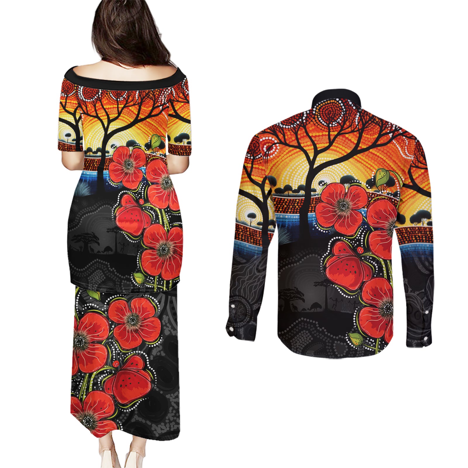 ANZAC Day Australia Poppy Flower Couples Matching Puletasi and Long Sleeve Button Shirt Aboriginal Style