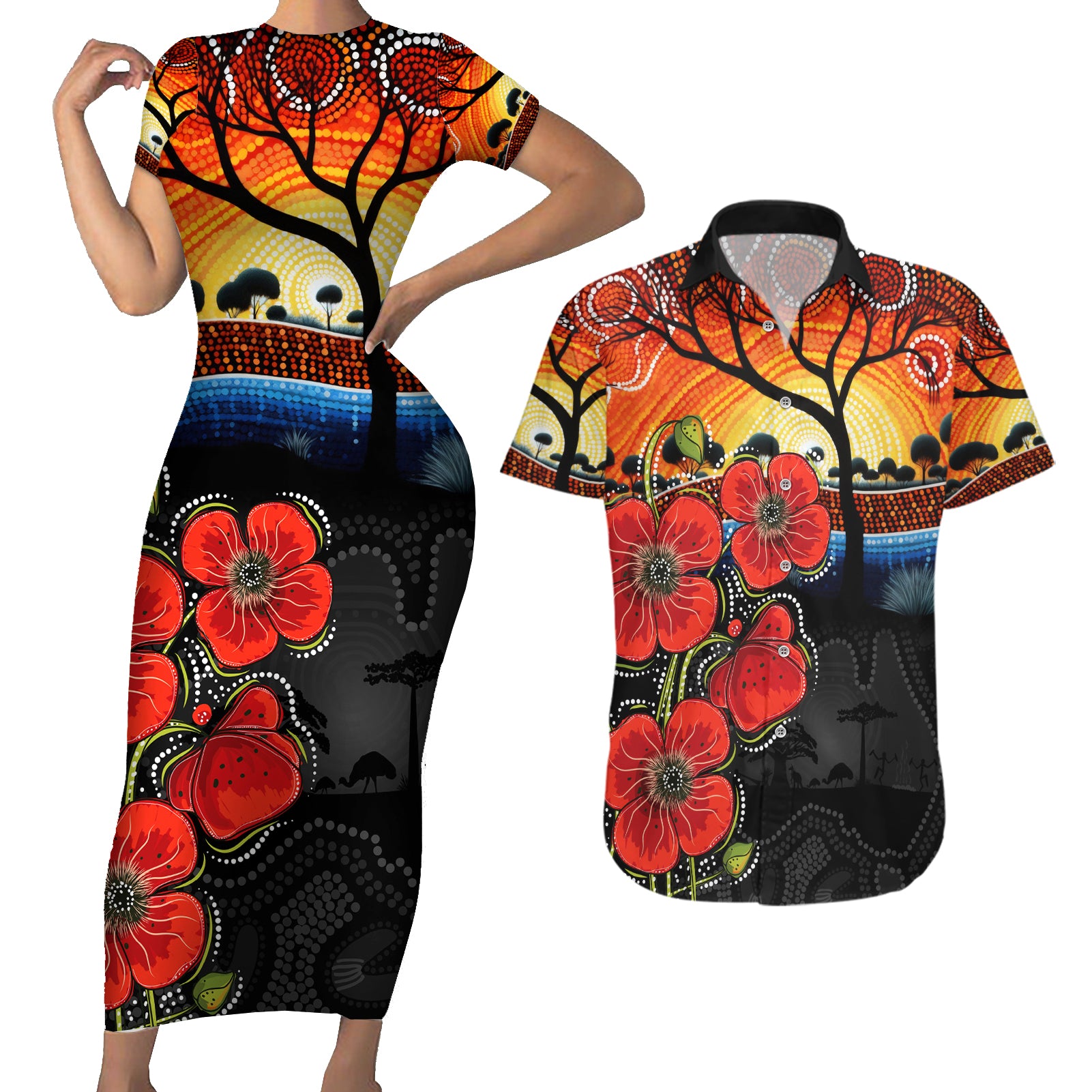 ANZAC Day Australia Poppy Flower Couples Matching Short Sleeve Bodycon Dress and Hawaiian Shirt Aboriginal Style