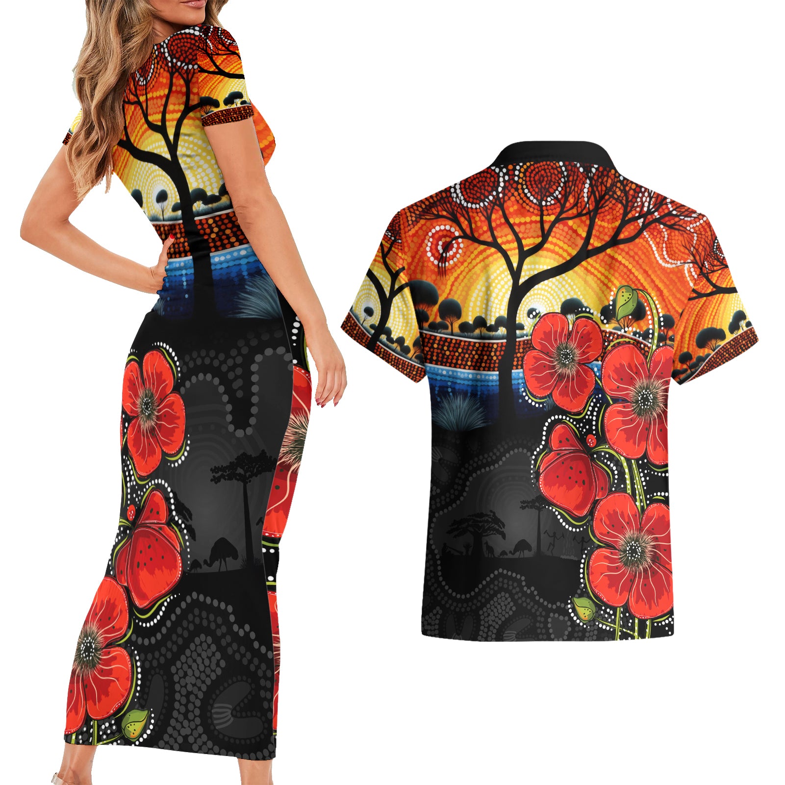 ANZAC Day Australia Poppy Flower Couples Matching Short Sleeve Bodycon Dress and Hawaiian Shirt Aboriginal Style