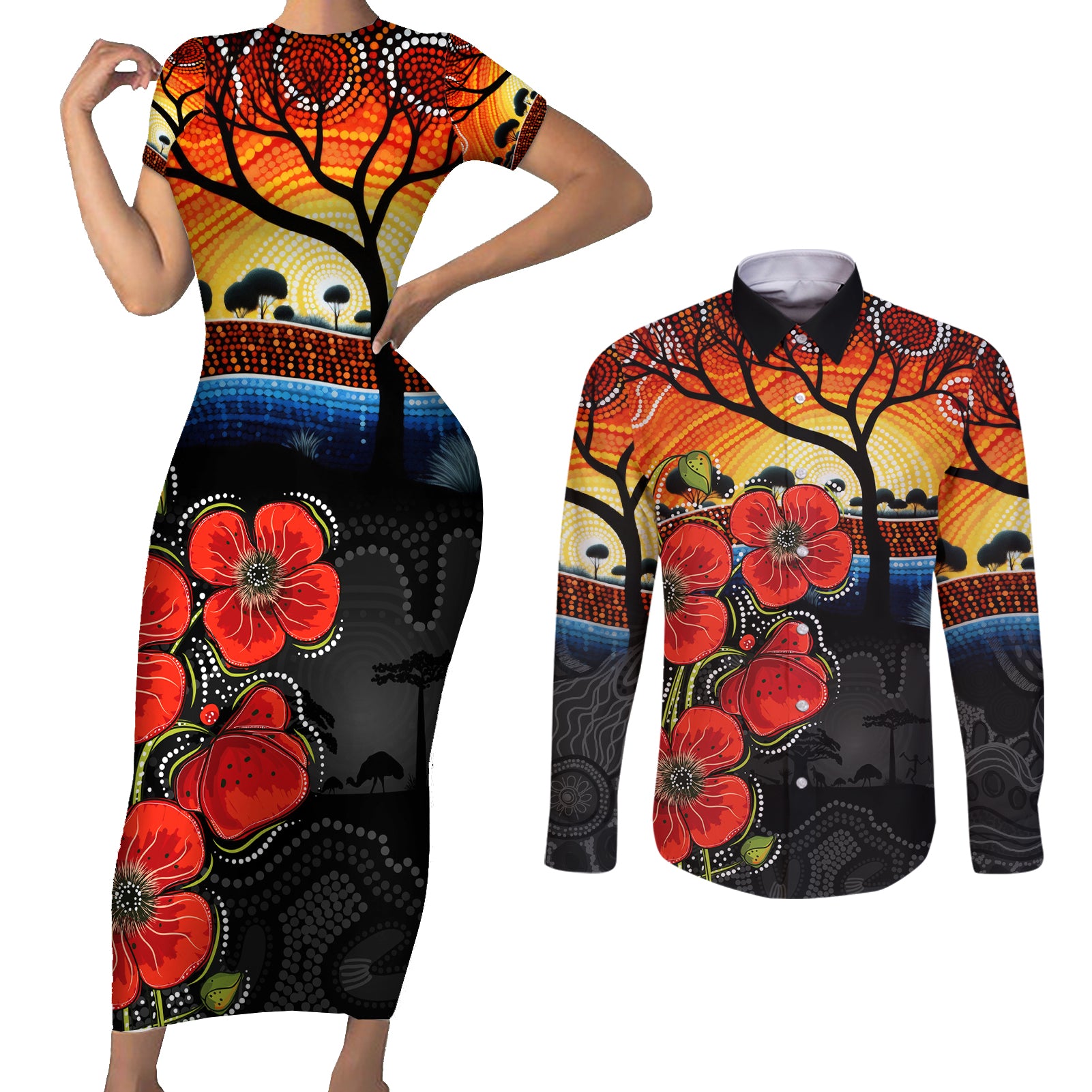 ANZAC Day Australia Poppy Flower Couples Matching Short Sleeve Bodycon Dress and Long Sleeve Button Shirt Aboriginal Style