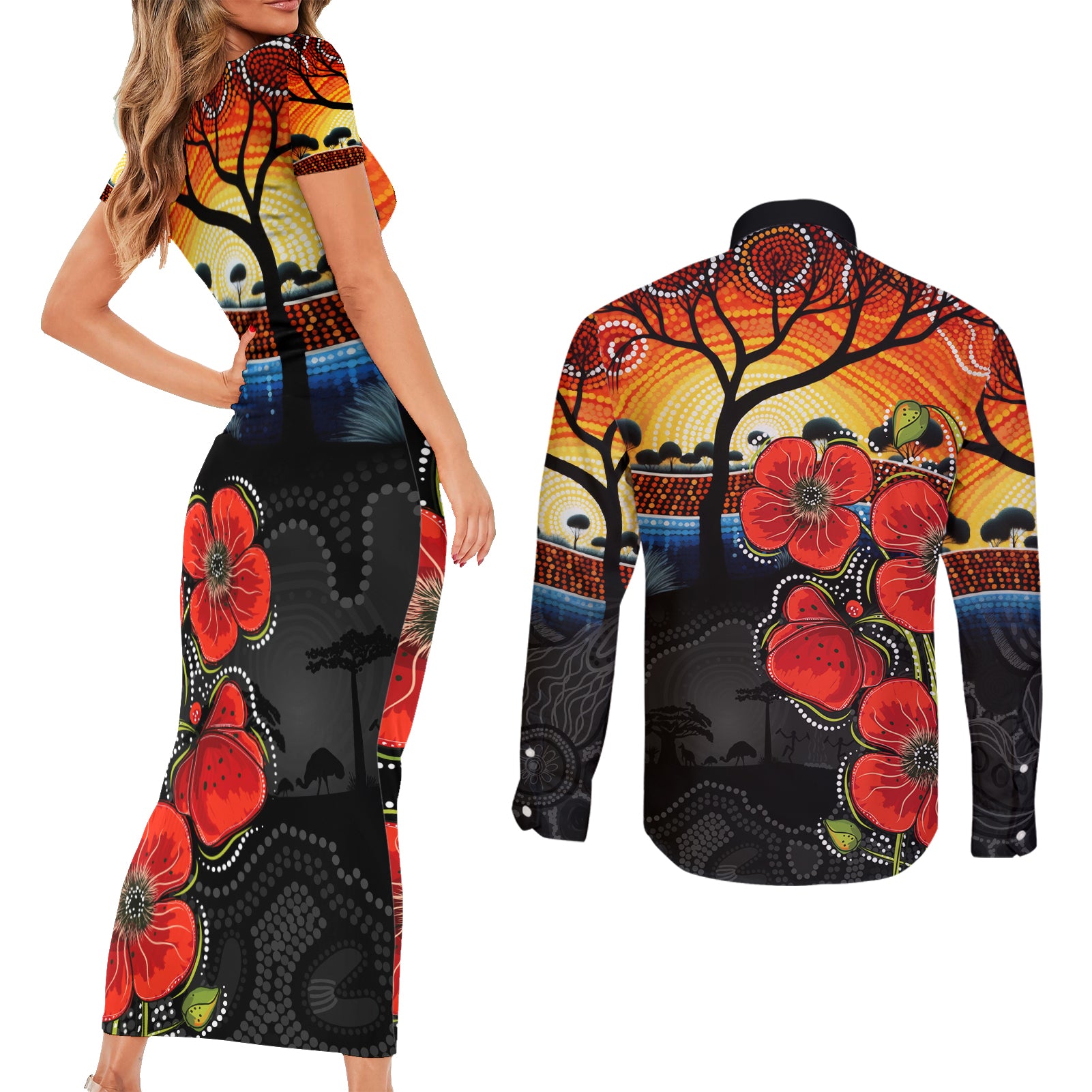 ANZAC Day Australia Poppy Flower Couples Matching Short Sleeve Bodycon Dress and Long Sleeve Button Shirt Aboriginal Style