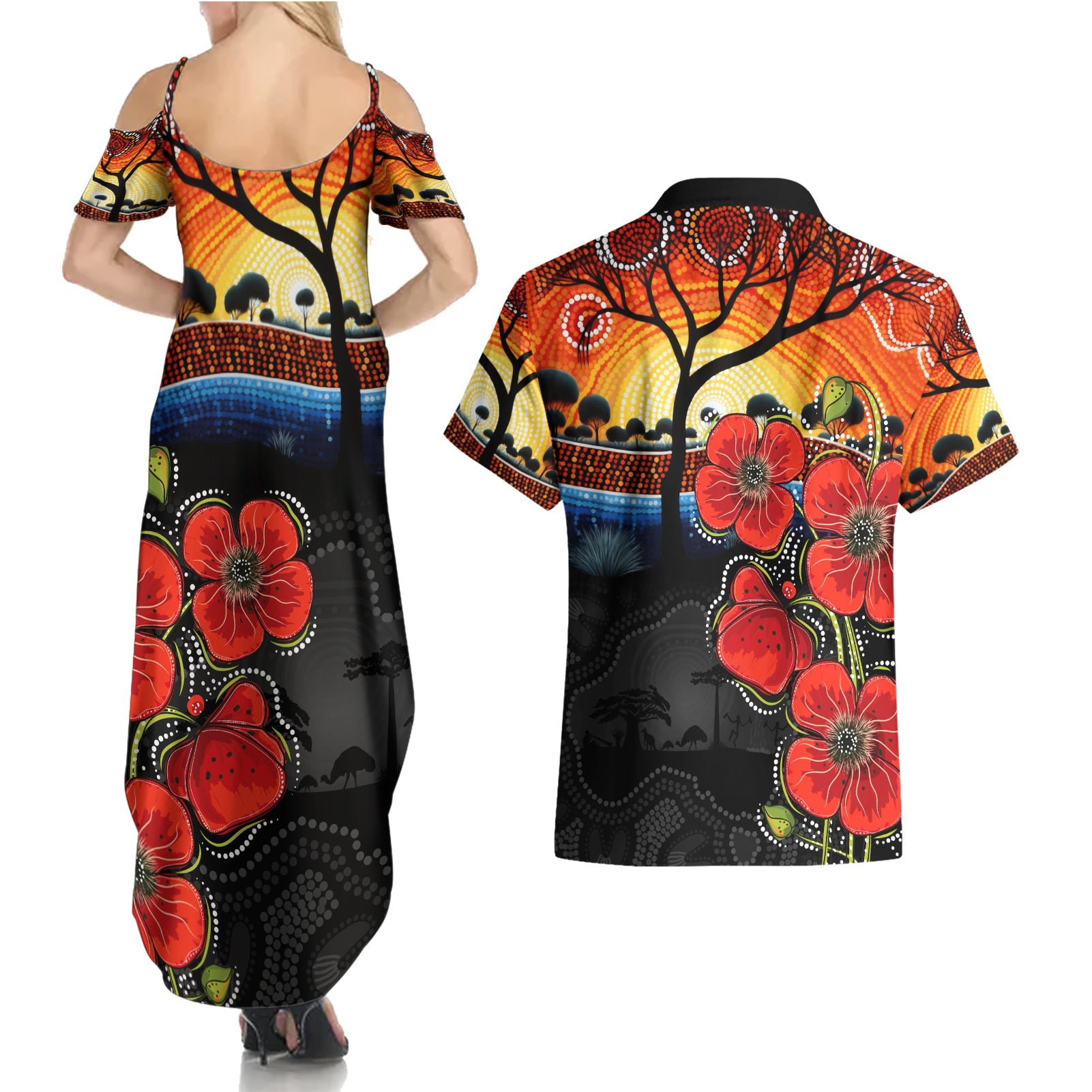 ANZAC Day Australia Poppy Flower Couples Matching Summer Maxi Dress and Hawaiian Shirt Aboriginal Style