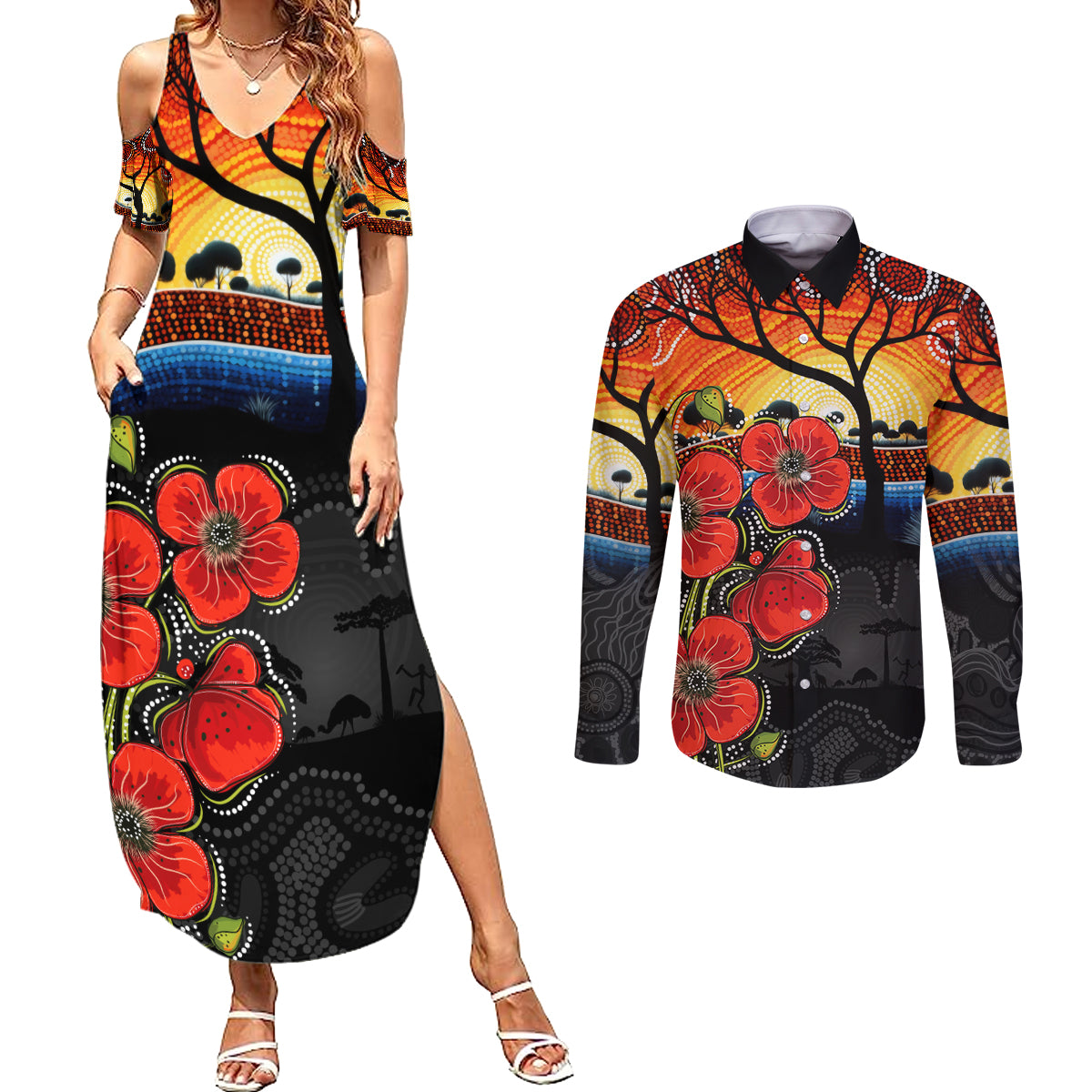 ANZAC Day Australia Poppy Flower Couples Matching Summer Maxi Dress and Long Sleeve Button Shirt Aboriginal Style