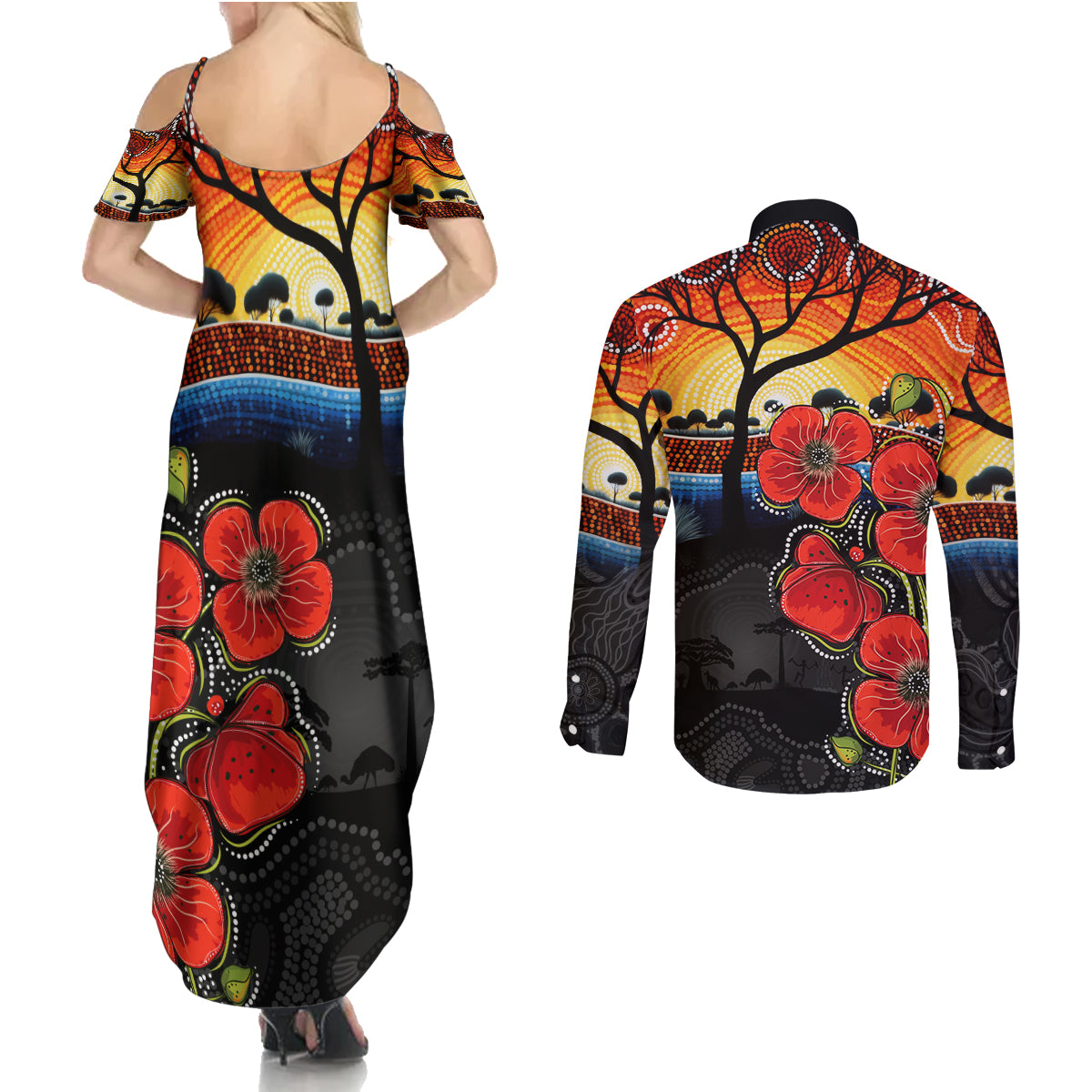 ANZAC Day Australia Poppy Flower Couples Matching Summer Maxi Dress and Long Sleeve Button Shirt Aboriginal Style