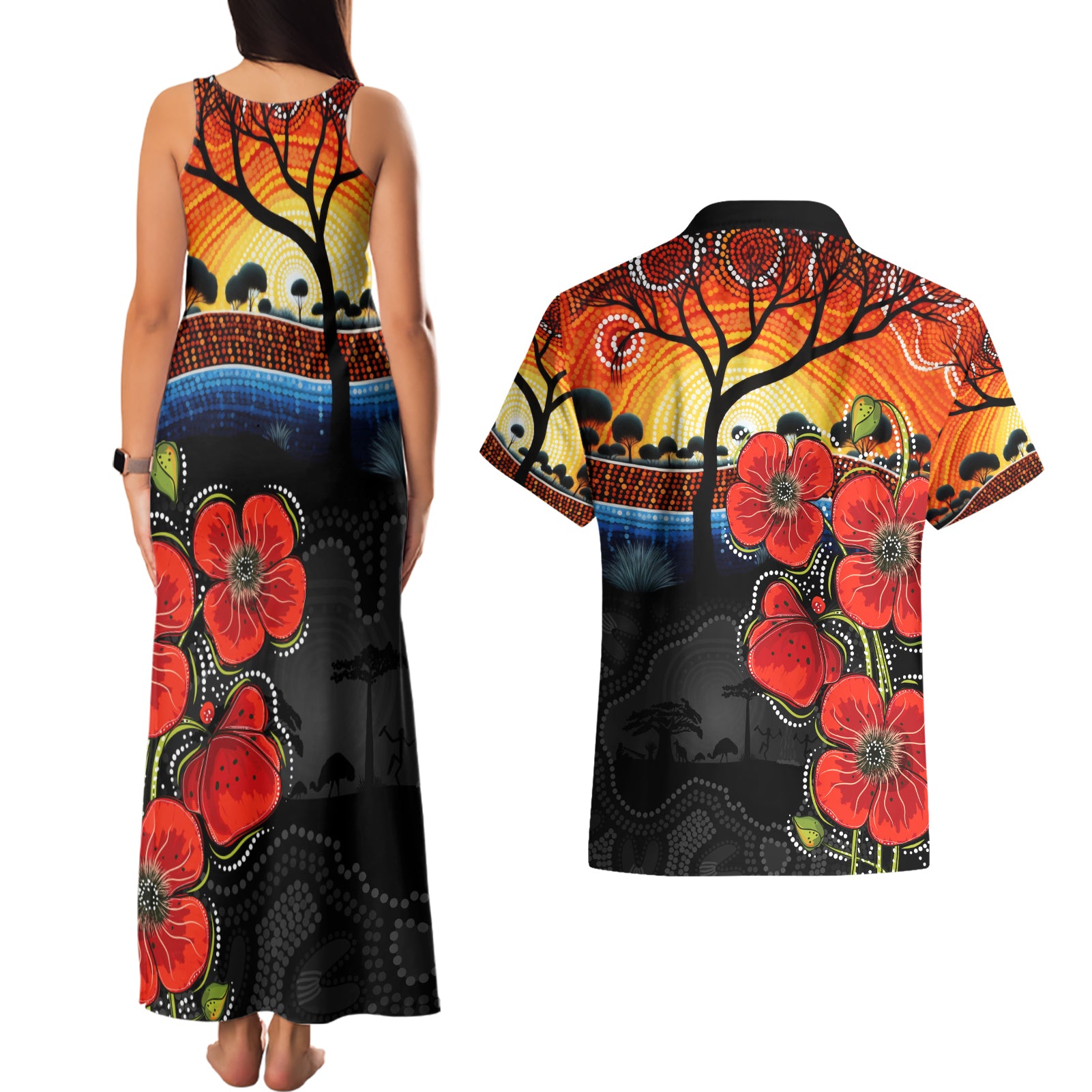 ANZAC Day Australia Poppy Flower Couples Matching Tank Maxi Dress and Hawaiian Shirt Aboriginal Style