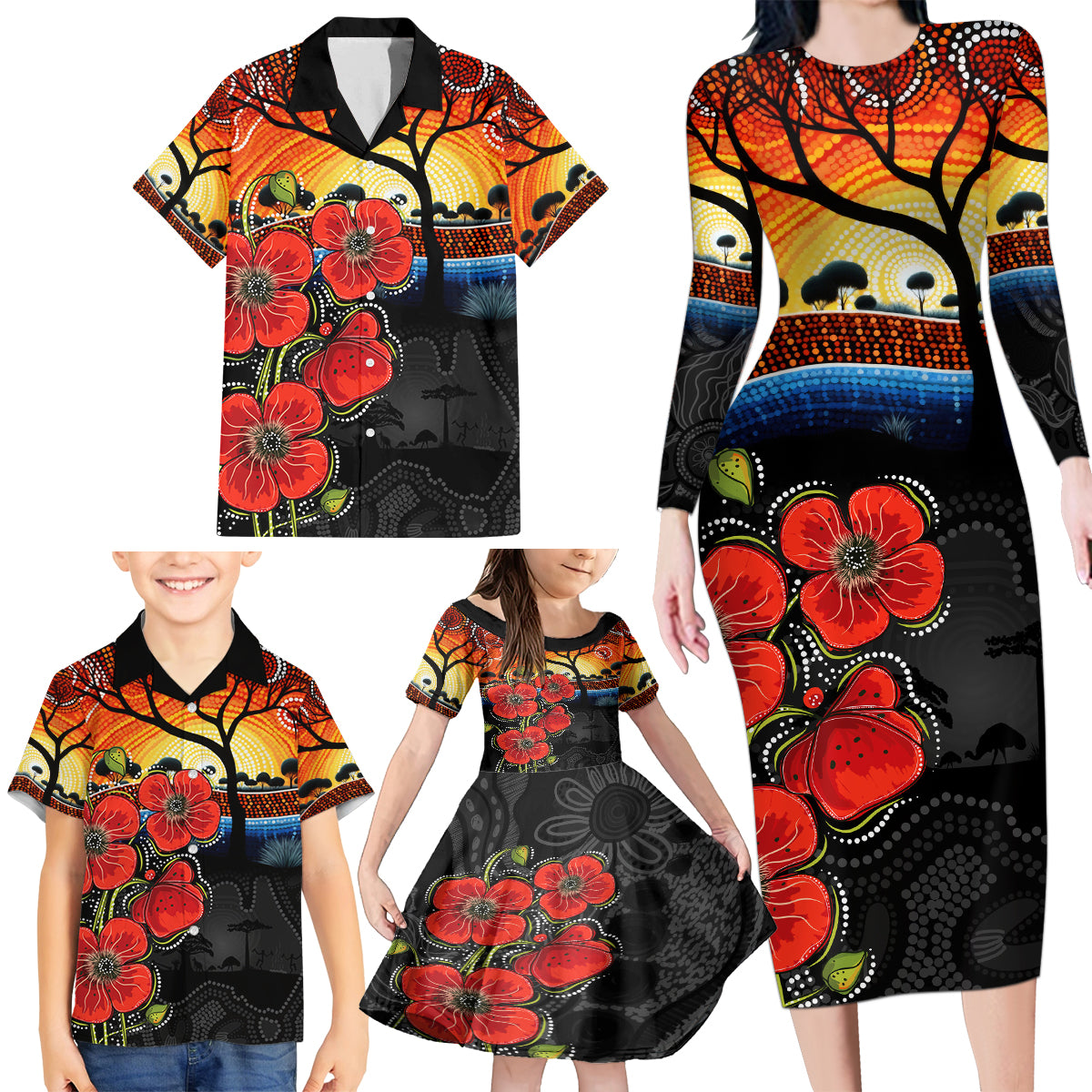ANZAC Day Australia Poppy Flower Family Matching Long Sleeve Bodycon Dress and Hawaiian Shirt Aboriginal Style
