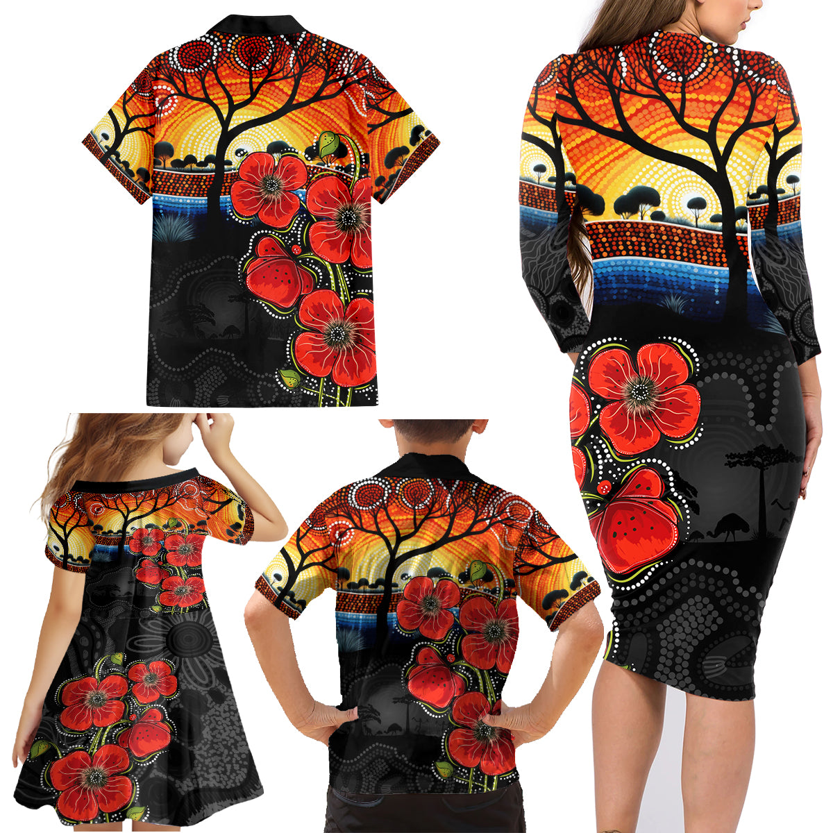 ANZAC Day Australia Poppy Flower Family Matching Long Sleeve Bodycon Dress and Hawaiian Shirt Aboriginal Style