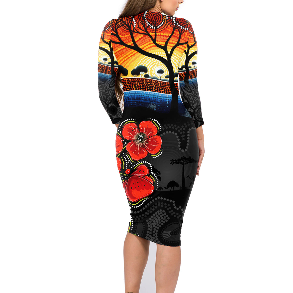 ANZAC Day Australia Poppy Flower Family Matching Long Sleeve Bodycon Dress and Hawaiian Shirt Aboriginal Style