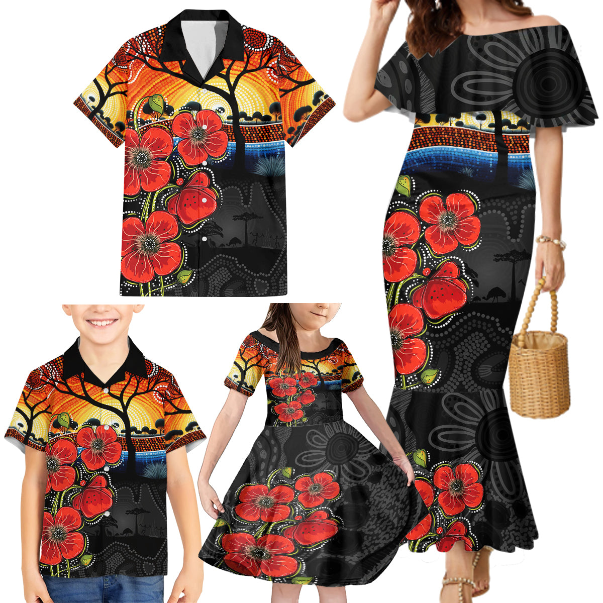 ANZAC Day Australia Poppy Flower Family Matching Mermaid Dress and Hawaiian Shirt Aboriginal Style