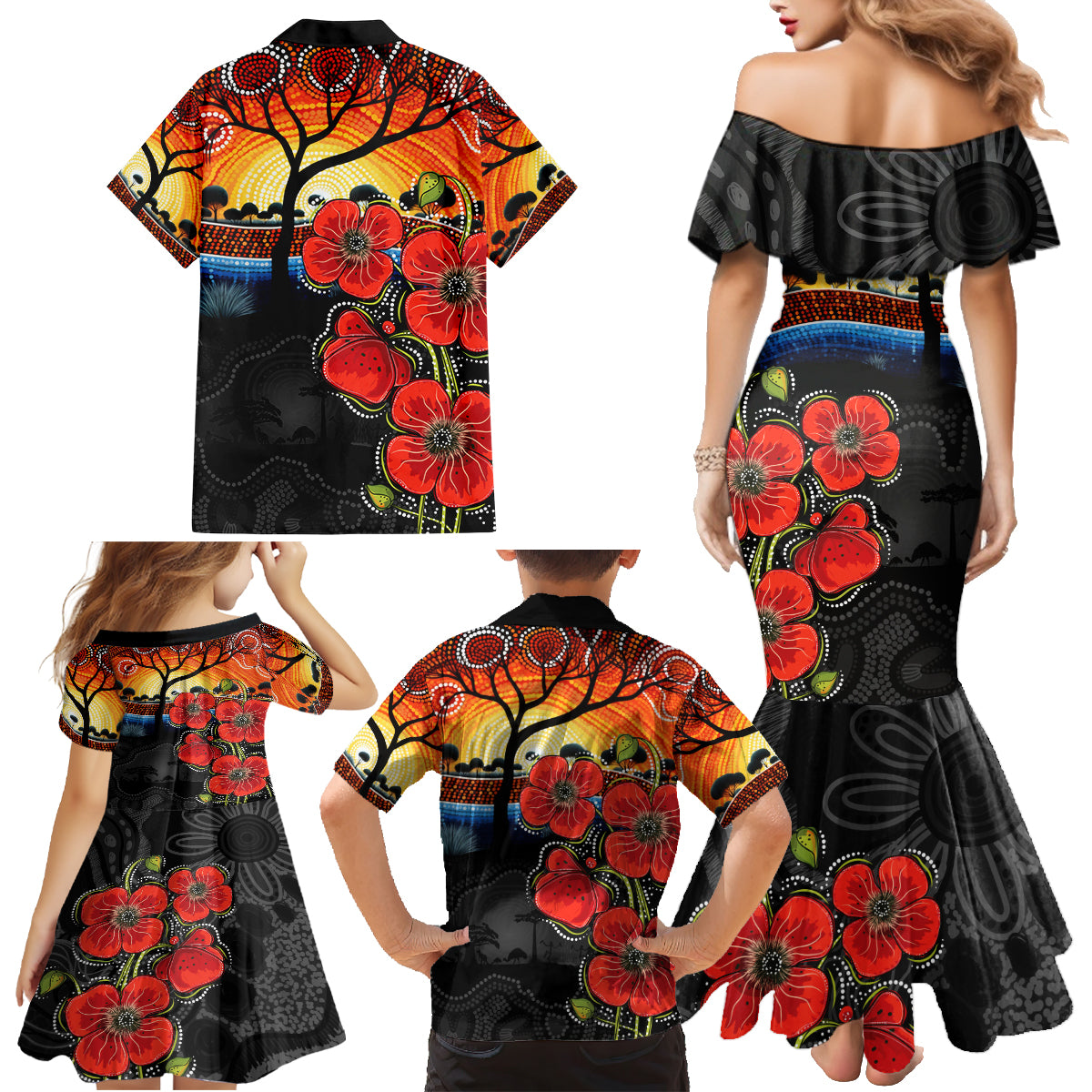 ANZAC Day Australia Poppy Flower Family Matching Mermaid Dress and Hawaiian Shirt Aboriginal Style
