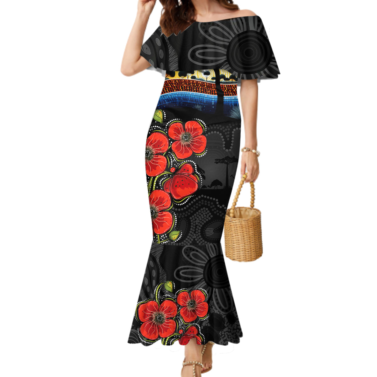 ANZAC Day Australia Poppy Flower Family Matching Mermaid Dress and Hawaiian Shirt Aboriginal Style