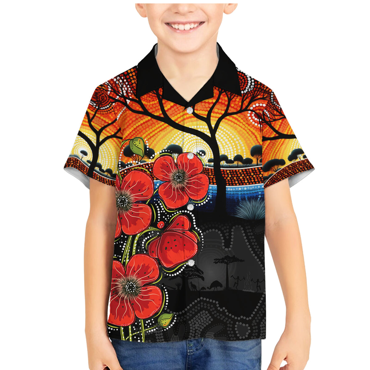 ANZAC Day Australia Poppy Flower Family Matching Mermaid Dress and Hawaiian Shirt Aboriginal Style