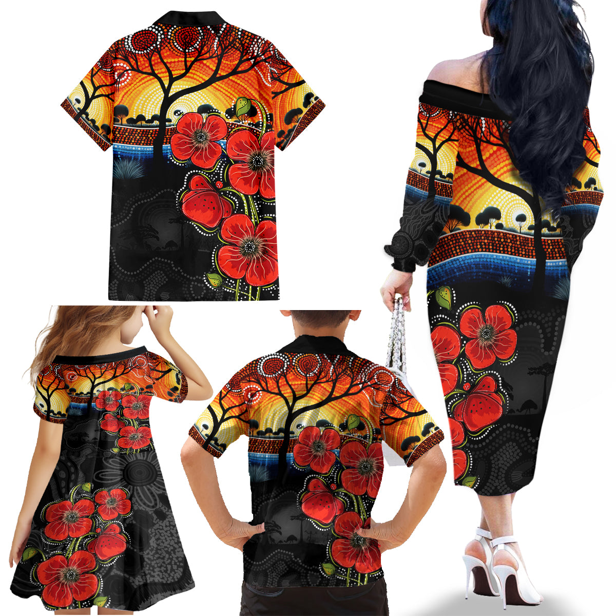 ANZAC Day Australia Poppy Flower Family Matching Off Shoulder Long Sleeve Dress and Hawaiian Shirt Aboriginal Style