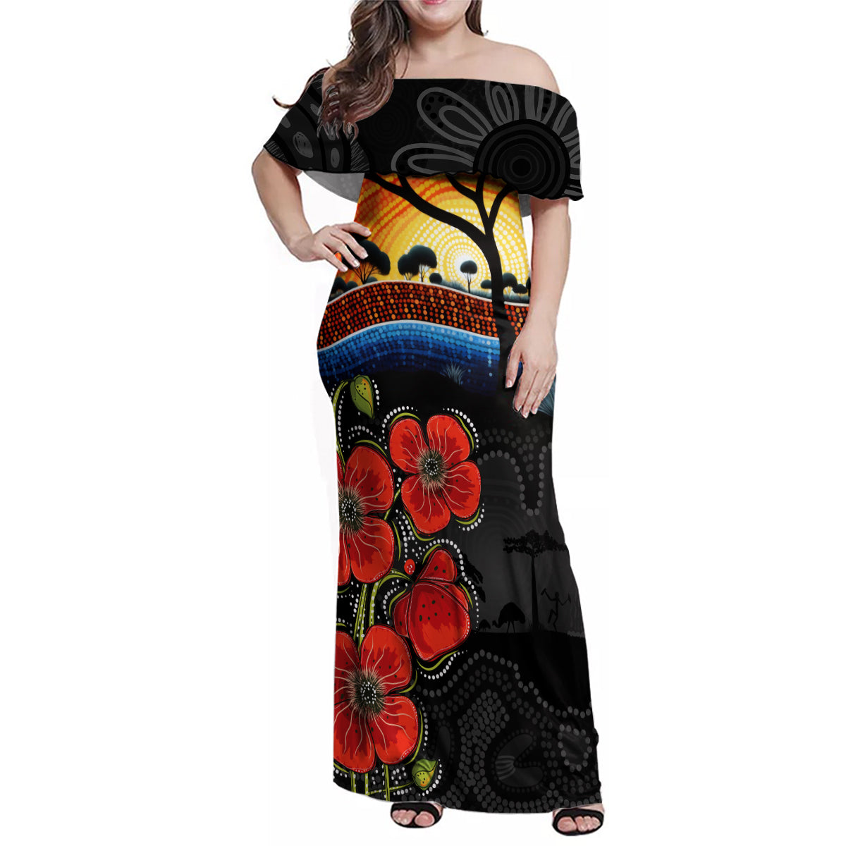 ANZAC Day Australia Poppy Flower Family Matching Off Shoulder Maxi Dress and Hawaiian Shirt Aboriginal Style