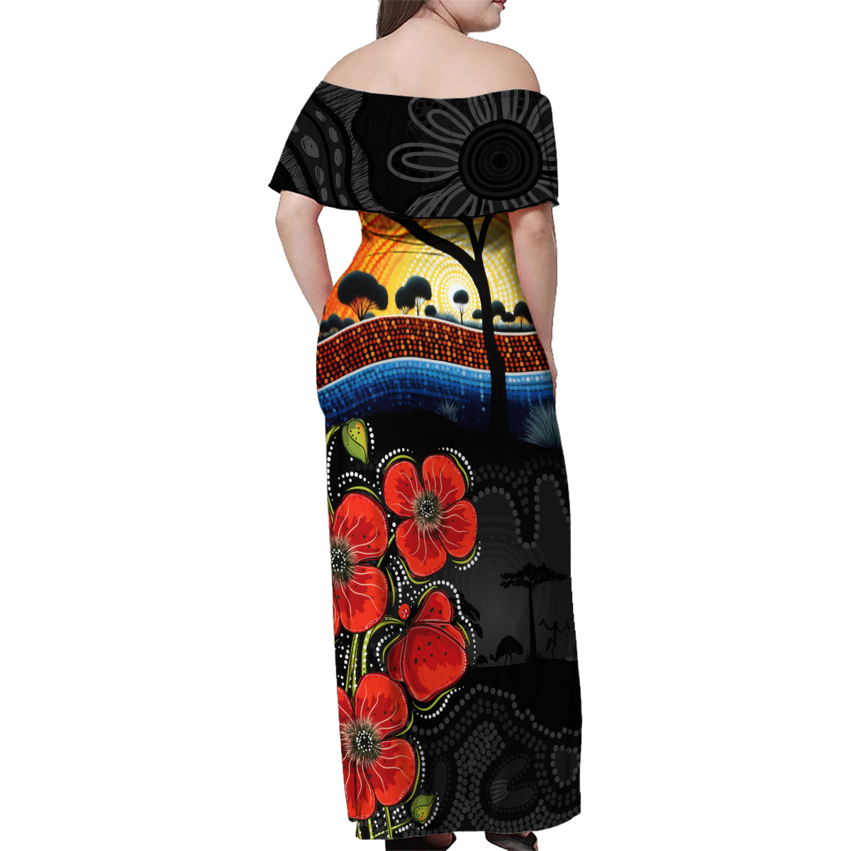 ANZAC Day Australia Poppy Flower Family Matching Off Shoulder Maxi Dress and Hawaiian Shirt Aboriginal Style
