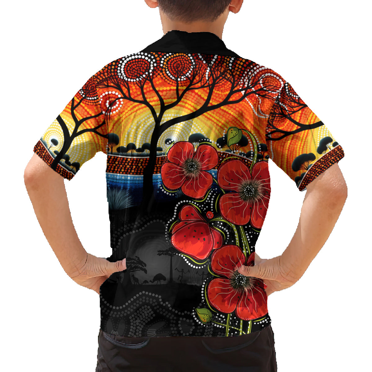 ANZAC Day Australia Poppy Flower Family Matching Off Shoulder Short Dress and Hawaiian Shirt Aboriginal Style