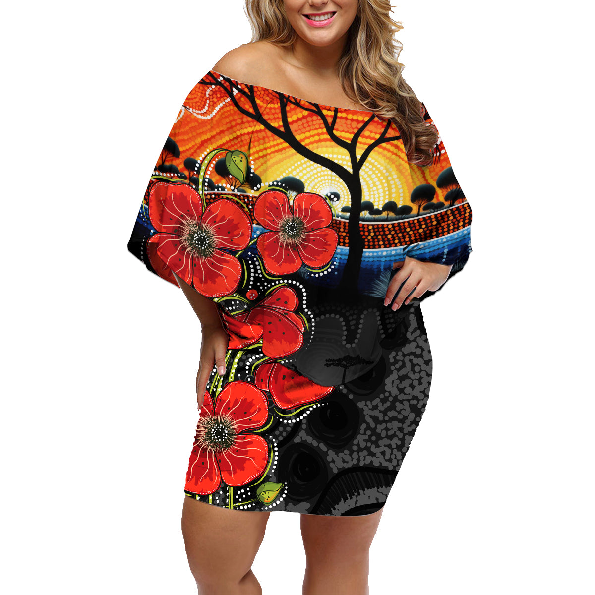 ANZAC Day Australia Poppy Flower Family Matching Off Shoulder Short Dress and Hawaiian Shirt Aboriginal Style