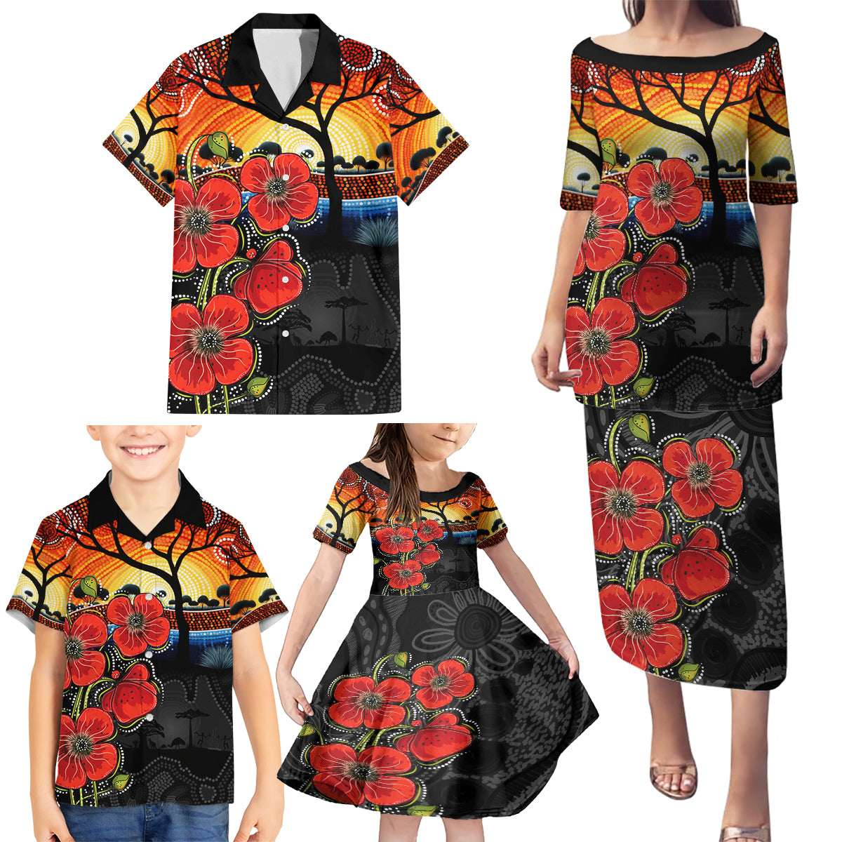 ANZAC Day Australia Poppy Flower Family Matching Puletasi and Hawaiian Shirt Aboriginal Style