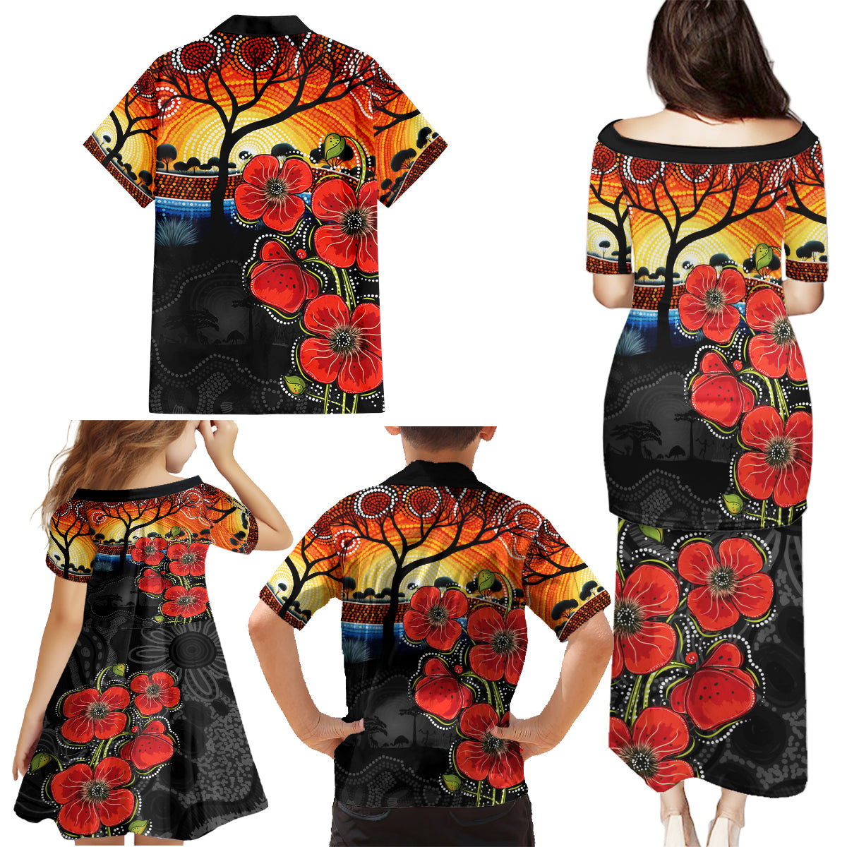 ANZAC Day Australia Poppy Flower Family Matching Puletasi and Hawaiian Shirt Aboriginal Style