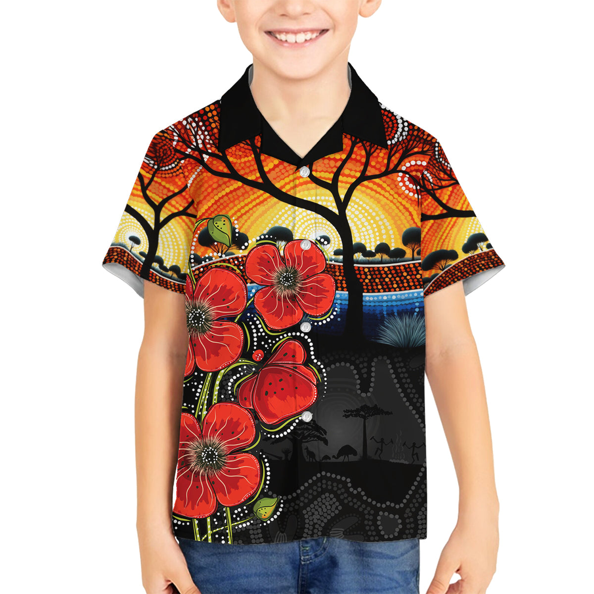 ANZAC Day Australia Poppy Flower Family Matching Puletasi and Hawaiian Shirt Aboriginal Style