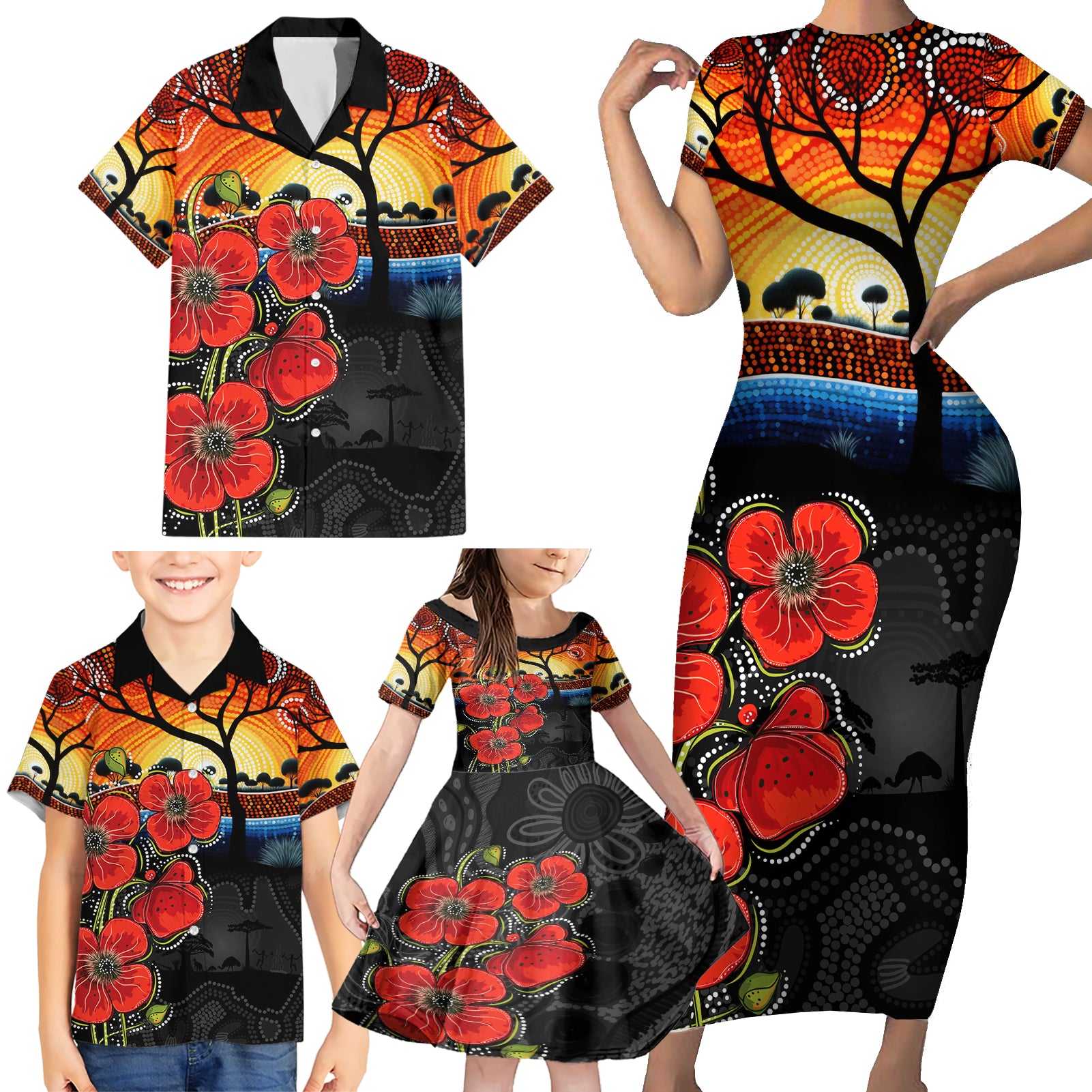 ANZAC Day Australia Poppy Flower Family Matching Short Sleeve Bodycon Dress and Hawaiian Shirt Aboriginal Style