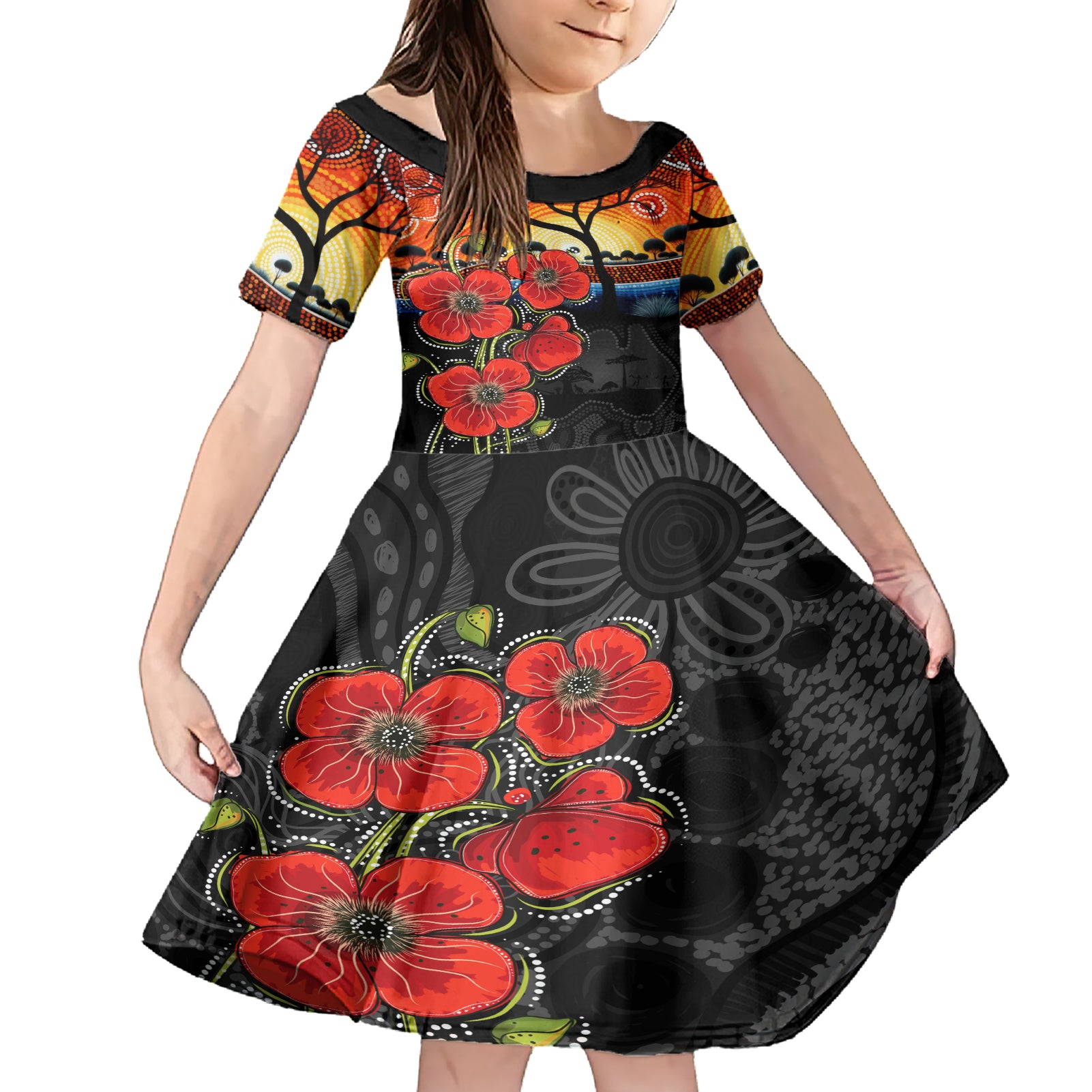 ANZAC Day Australia Poppy Flower Family Matching Short Sleeve Bodycon Dress and Hawaiian Shirt Aboriginal Style
