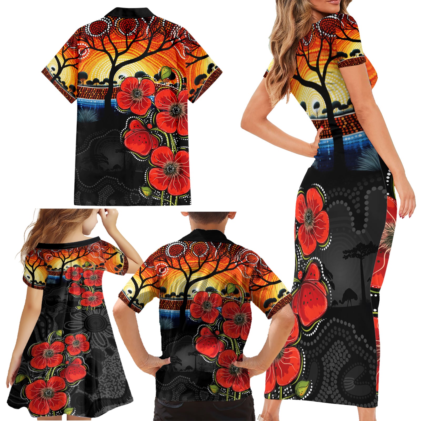 ANZAC Day Australia Poppy Flower Family Matching Short Sleeve Bodycon Dress and Hawaiian Shirt Aboriginal Style