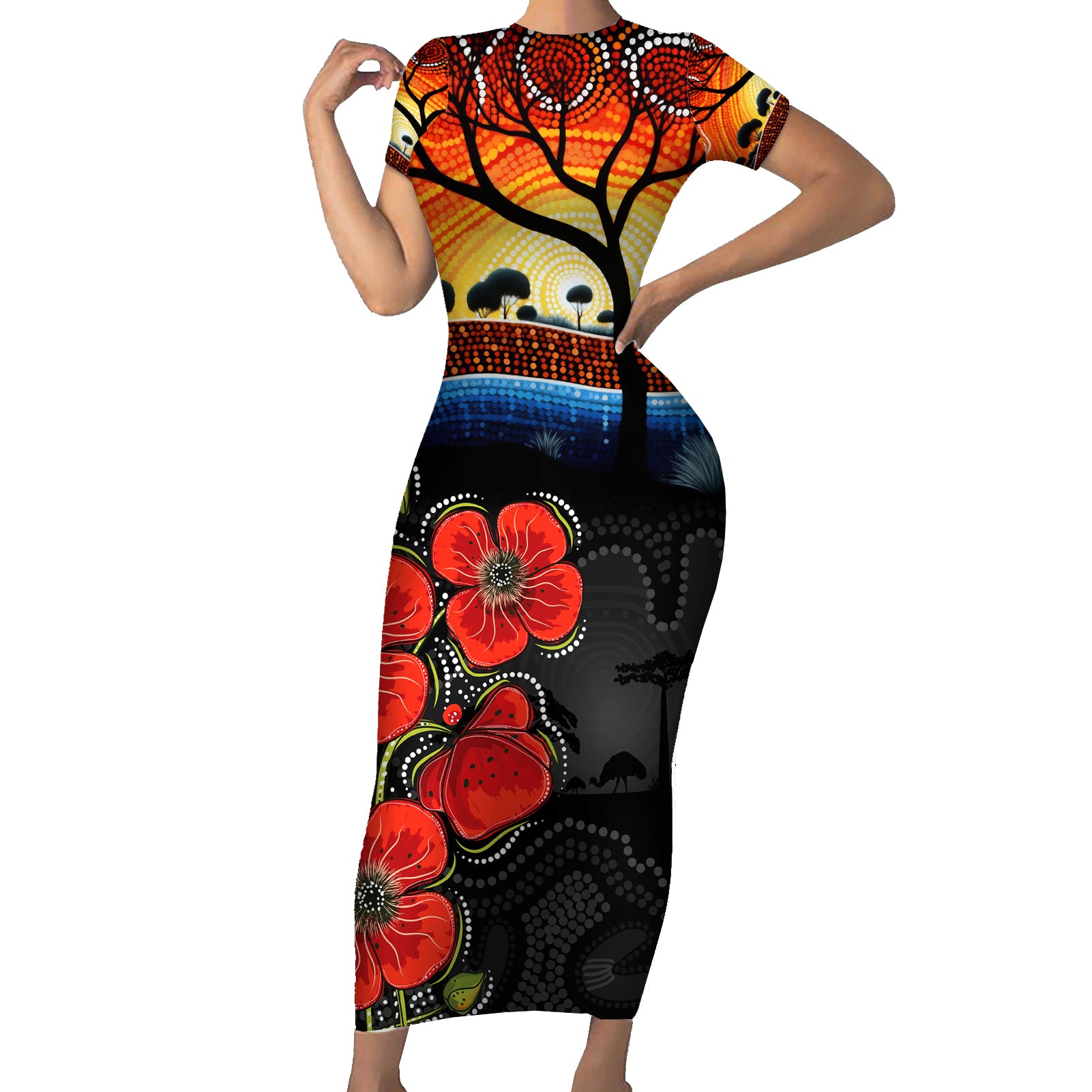 ANZAC Day Australia Poppy Flower Family Matching Short Sleeve Bodycon Dress and Hawaiian Shirt Aboriginal Style