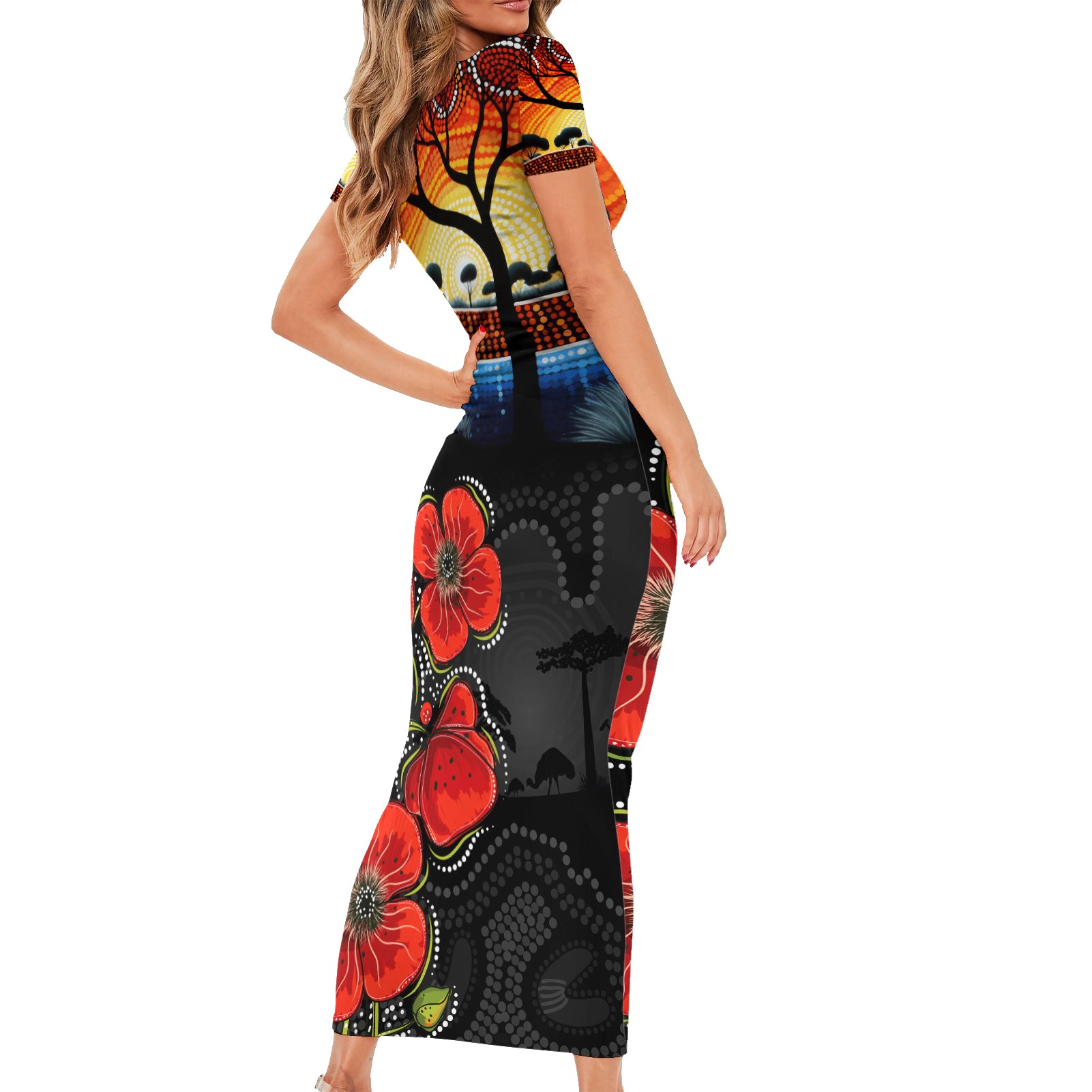 ANZAC Day Australia Poppy Flower Family Matching Short Sleeve Bodycon Dress and Hawaiian Shirt Aboriginal Style