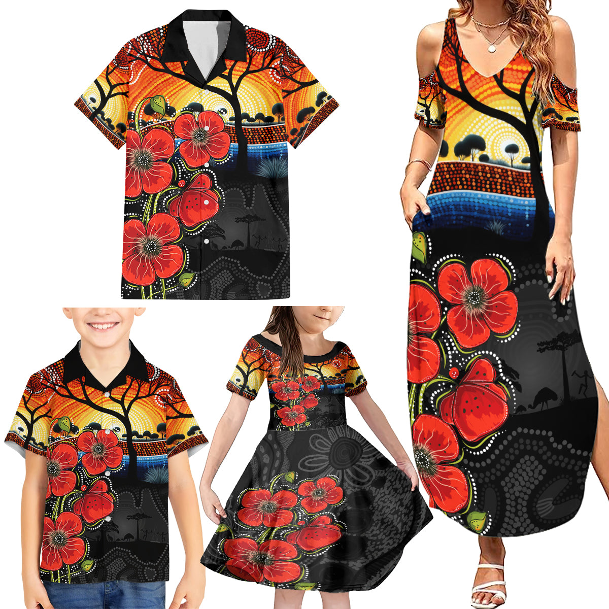 ANZAC Day Australia Poppy Flower Family Matching Summer Maxi Dress and Hawaiian Shirt Aboriginal Style