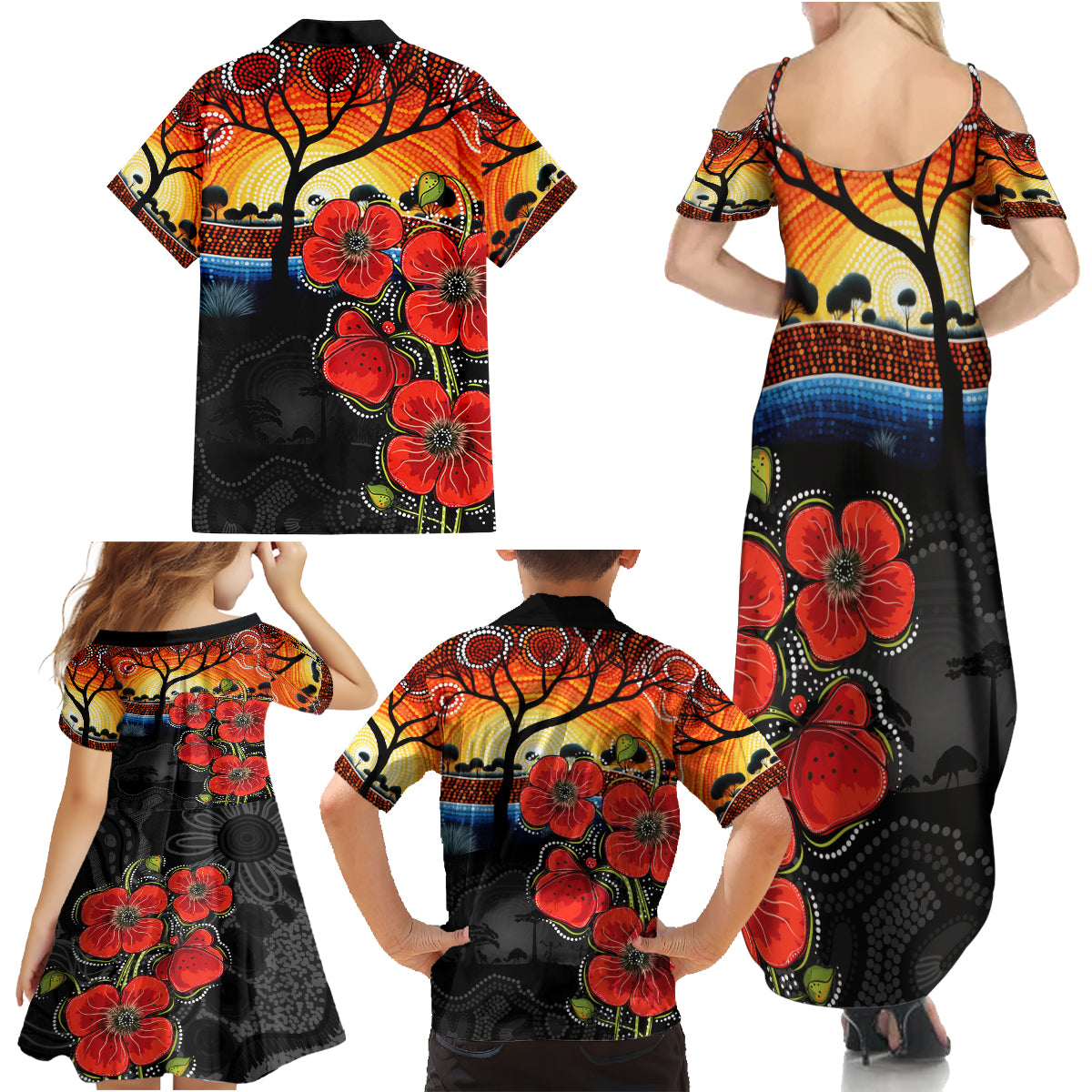 ANZAC Day Australia Poppy Flower Family Matching Summer Maxi Dress and Hawaiian Shirt Aboriginal Style