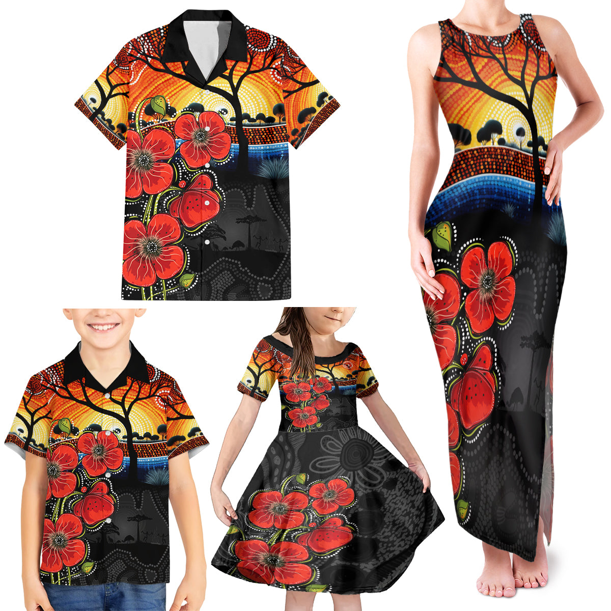 ANZAC Day Australia Poppy Flower Family Matching Tank Maxi Dress and Hawaiian Shirt Aboriginal Style